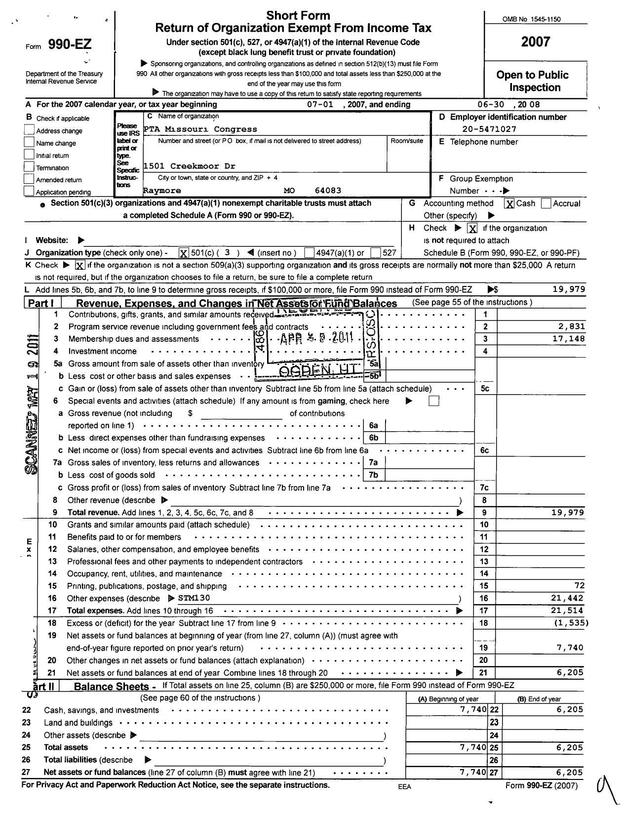 Image of first page of 2007 Form 990EZ for PTA Missouri Congress / Creekmoor Elementary PTA