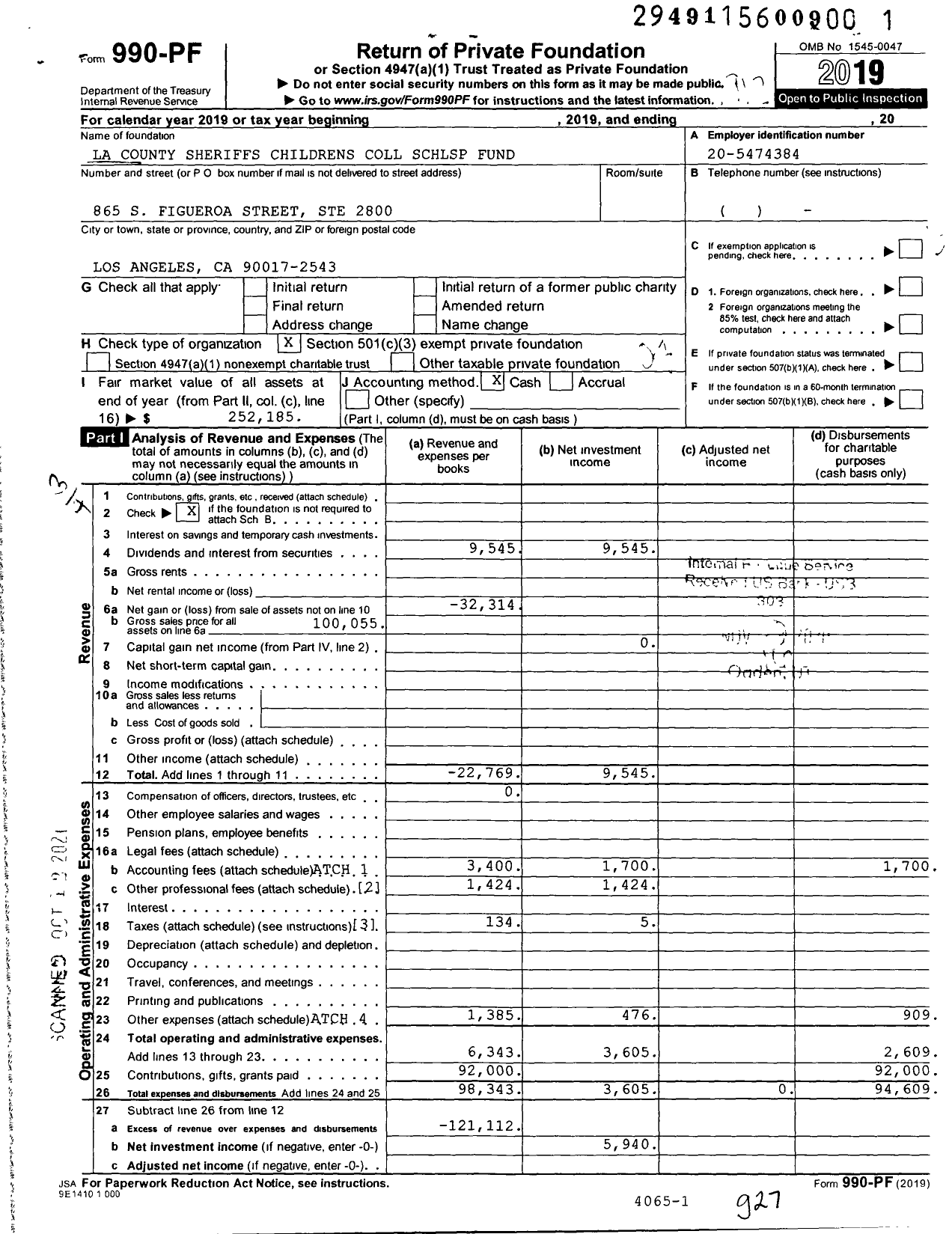 Image of first page of 2019 Form 990PF for La County Sheriffs Childrens Coll SCHLSP Fund