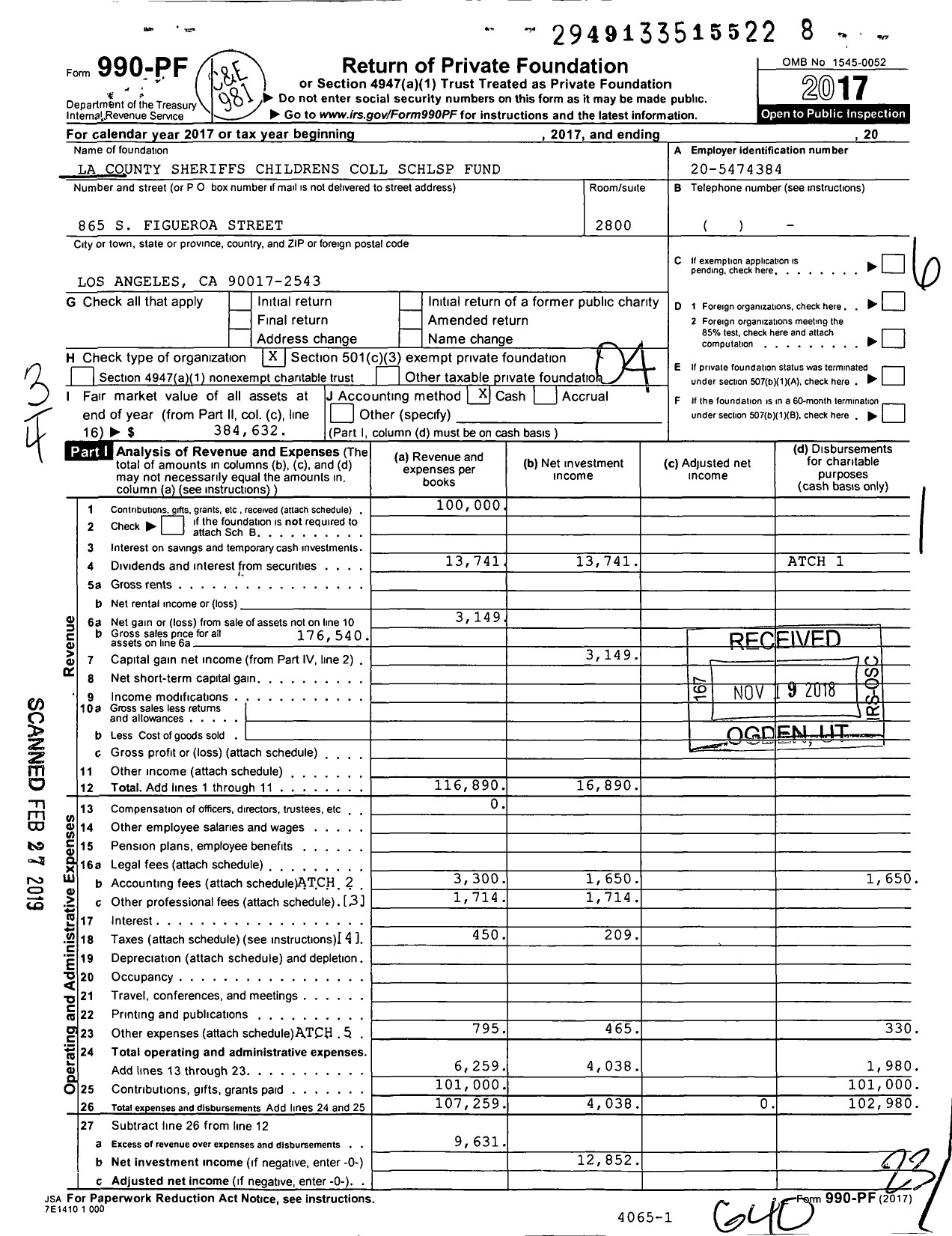 Image of first page of 2017 Form 990PF for La County Sheriffs Childrens Coll SCHLSP Fund