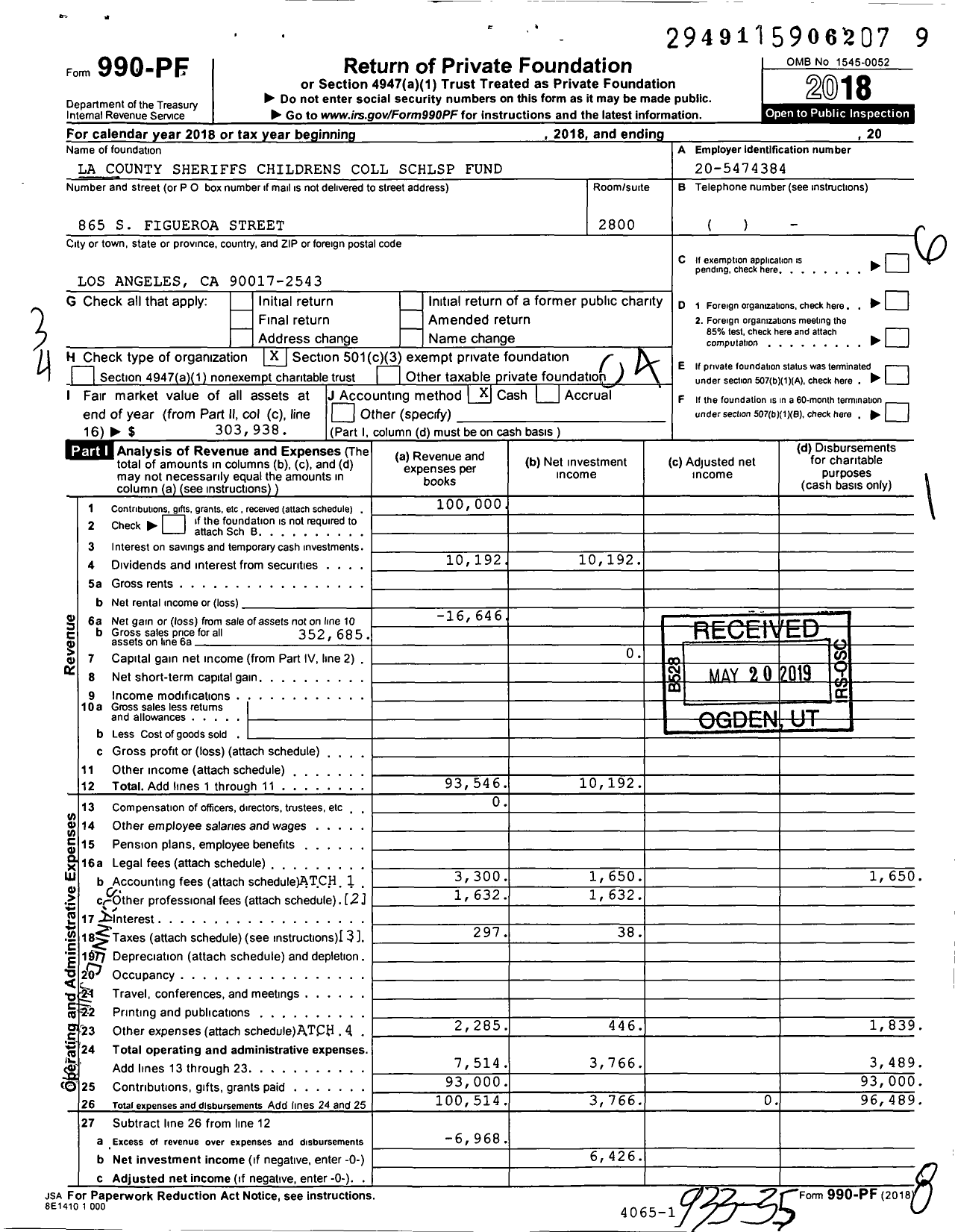 Image of first page of 2018 Form 990PF for La County Sheriffs Childrens Coll SCHLSP Fund