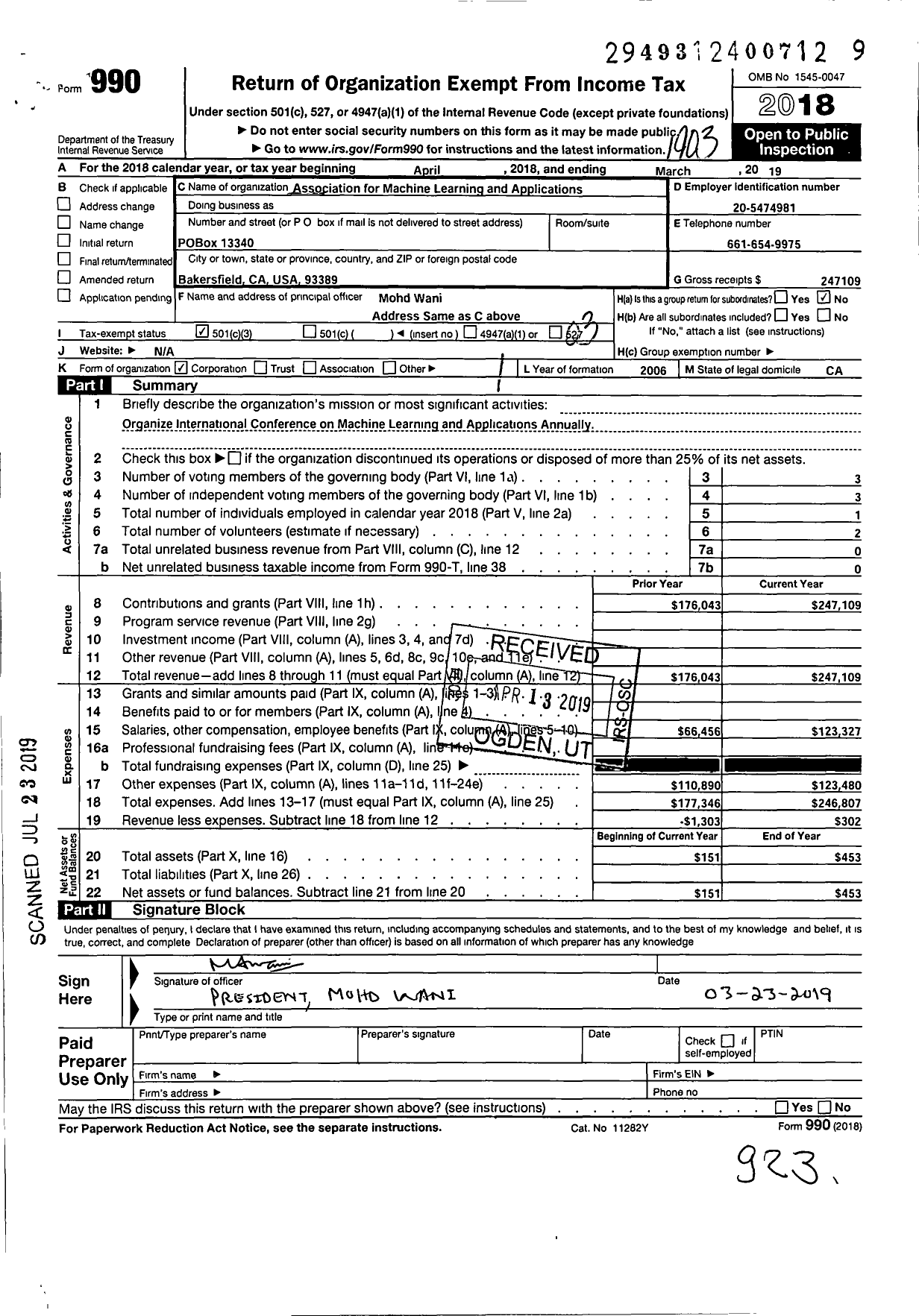 Image of first page of 2018 Form 990 for Association for Machine Learning and Applications