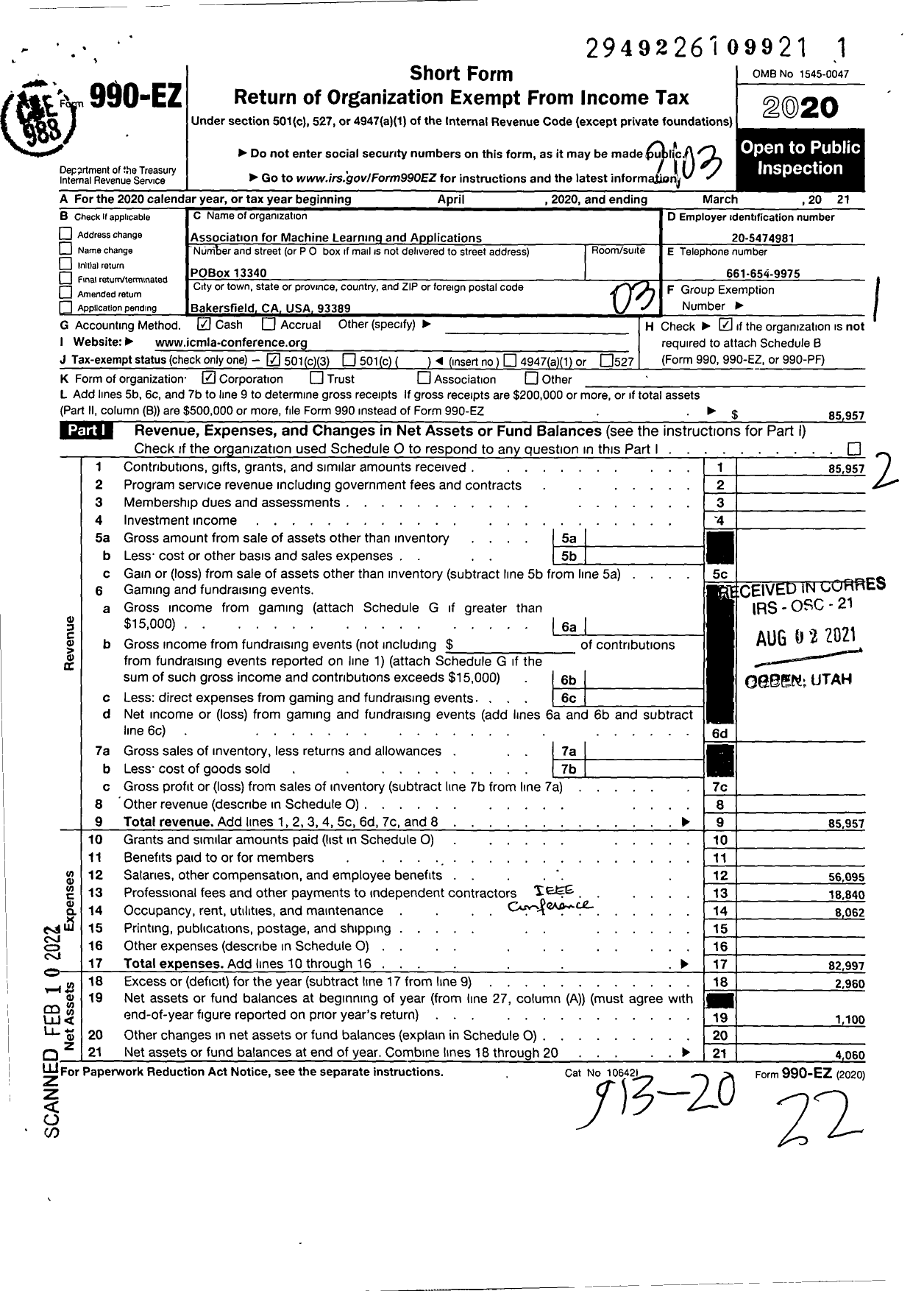 Image of first page of 2020 Form 990EZ for Association for Machine Learning and Applications