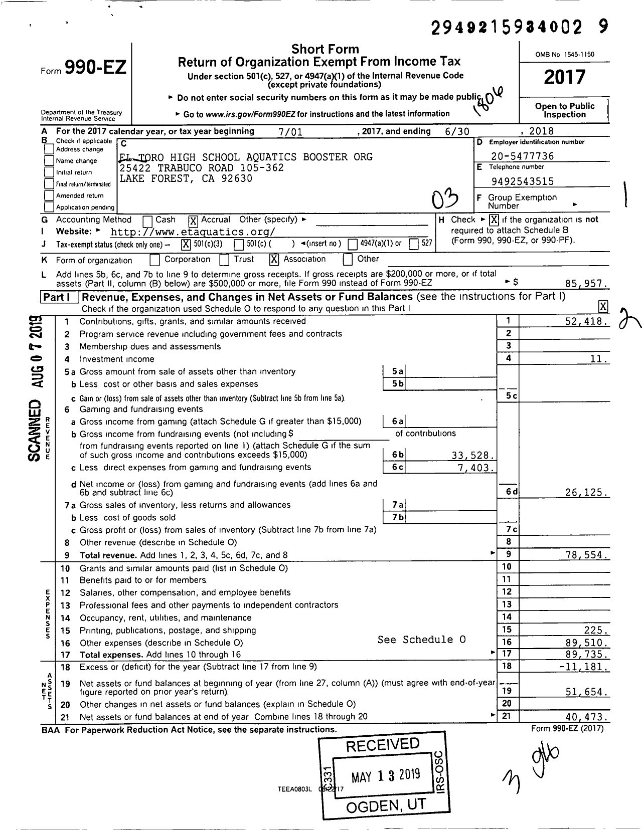 Image of first page of 2017 Form 990EZ for El Toro High School Aquatics Booster Organization