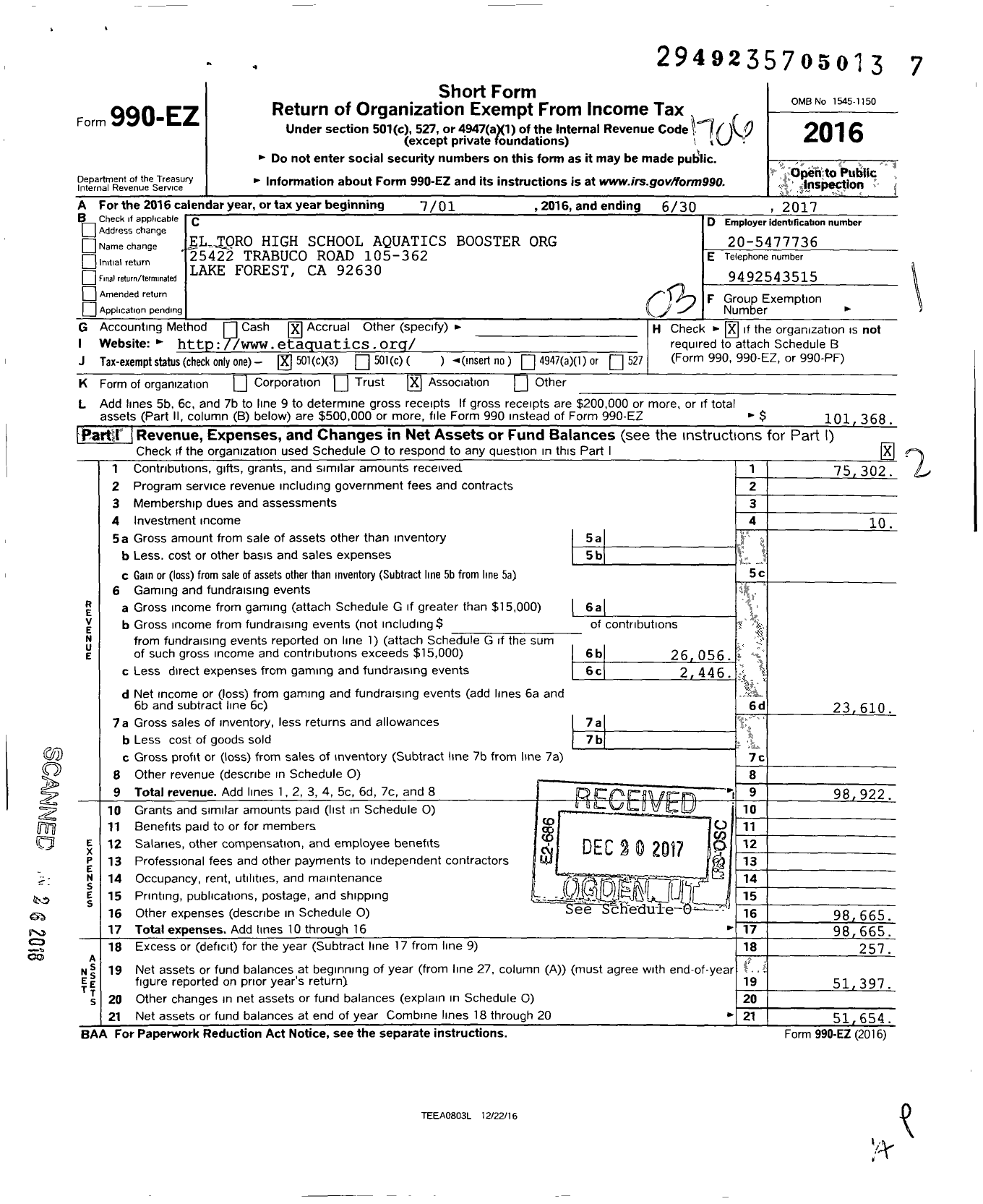 Image of first page of 2016 Form 990EZ for El Toro High School Aquatics Booster Organization