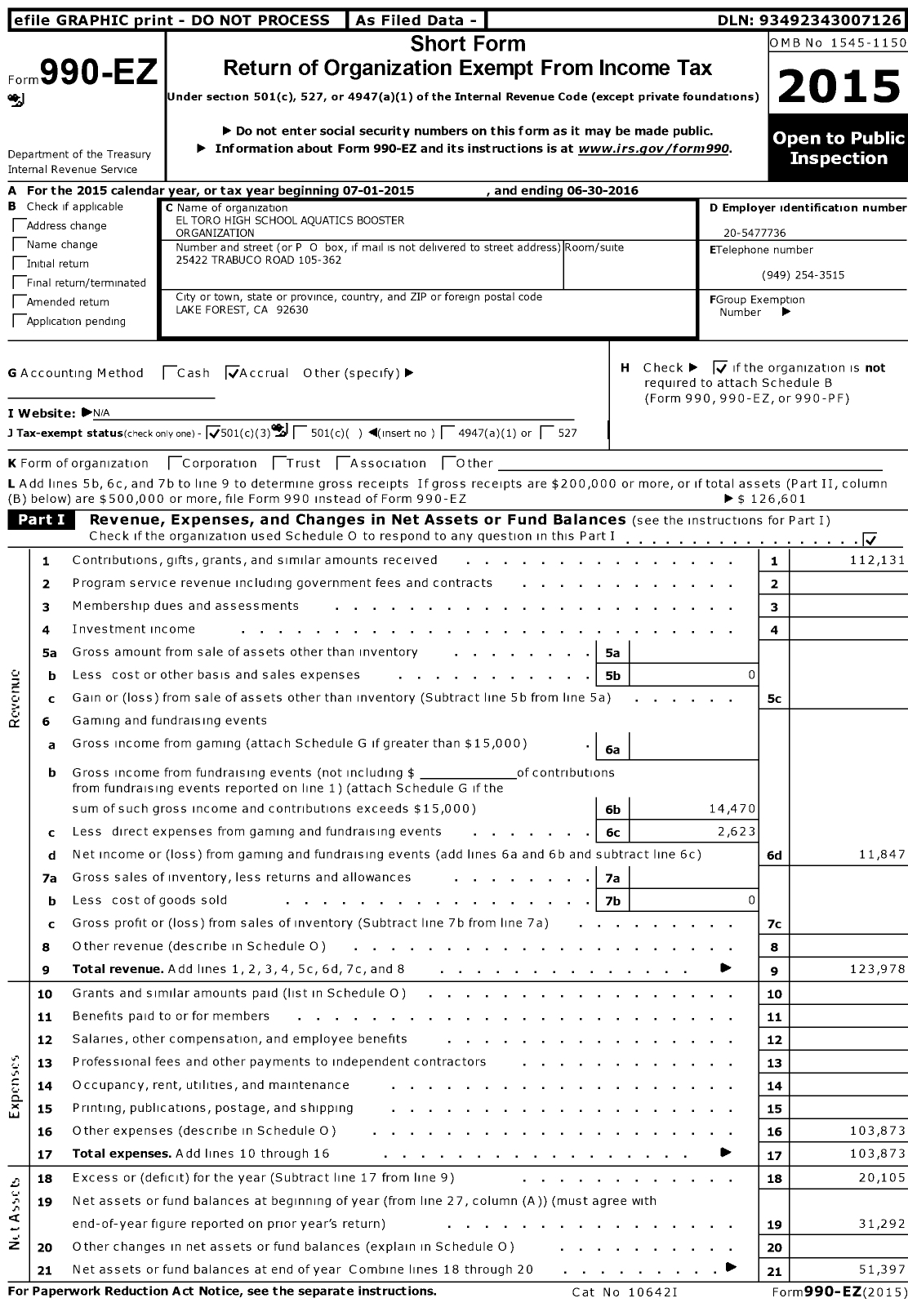 Image of first page of 2015 Form 990EZ for El Toro High School Aquatics Booster Organization