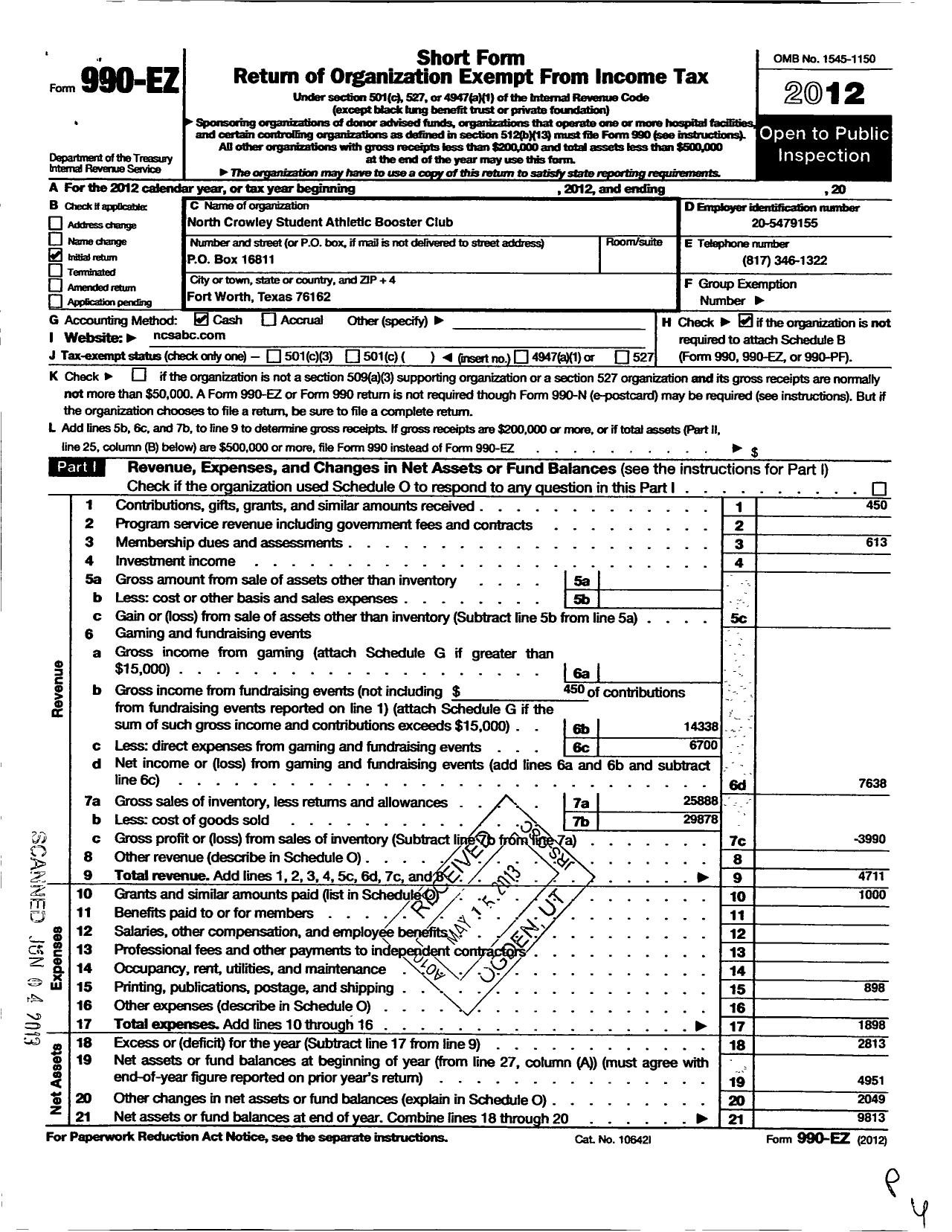 Image of first page of 2012 Form 990EO for North Crowley Student Athletic