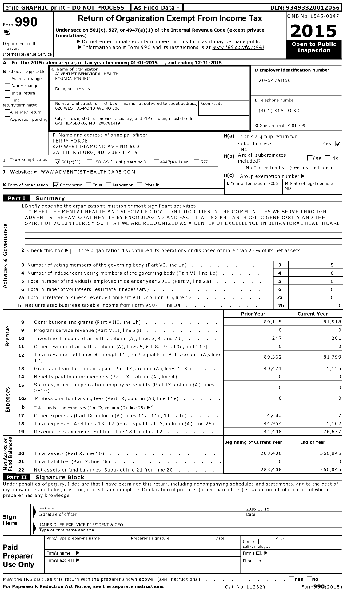 Image of first page of 2015 Form 990 for Adventist Behavioral Health Foundation