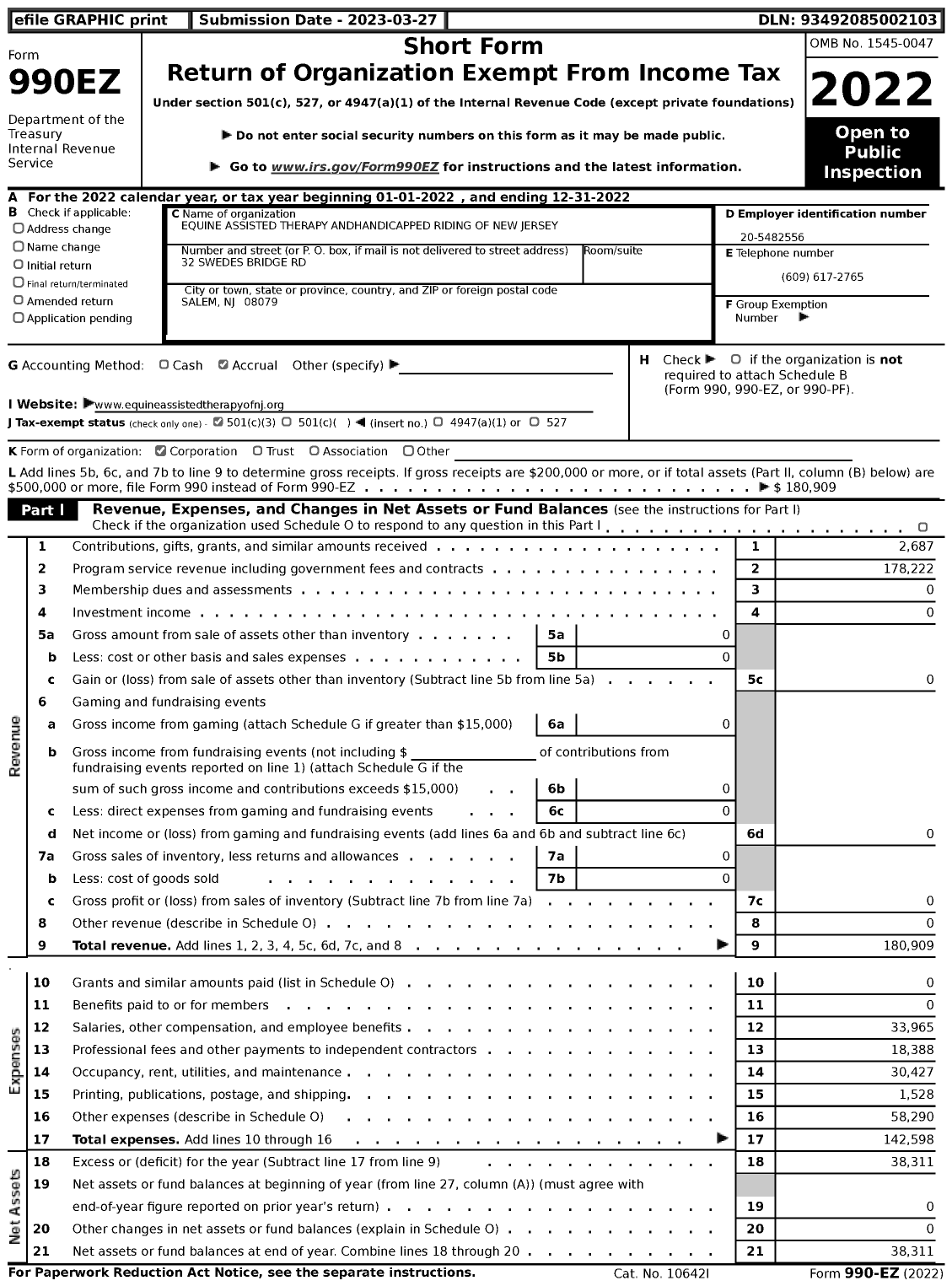 Image of first page of 2022 Form 990EZ for Equine Assisted Therapy Andhandicapped Handicapped Riding of NJ