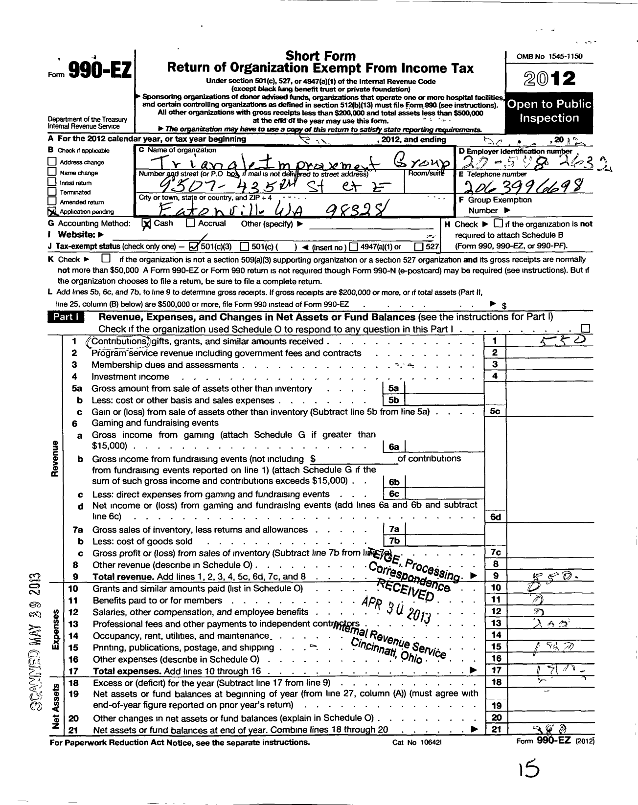 Image of first page of 2012 Form 990EZ for Triangle Improvement Group