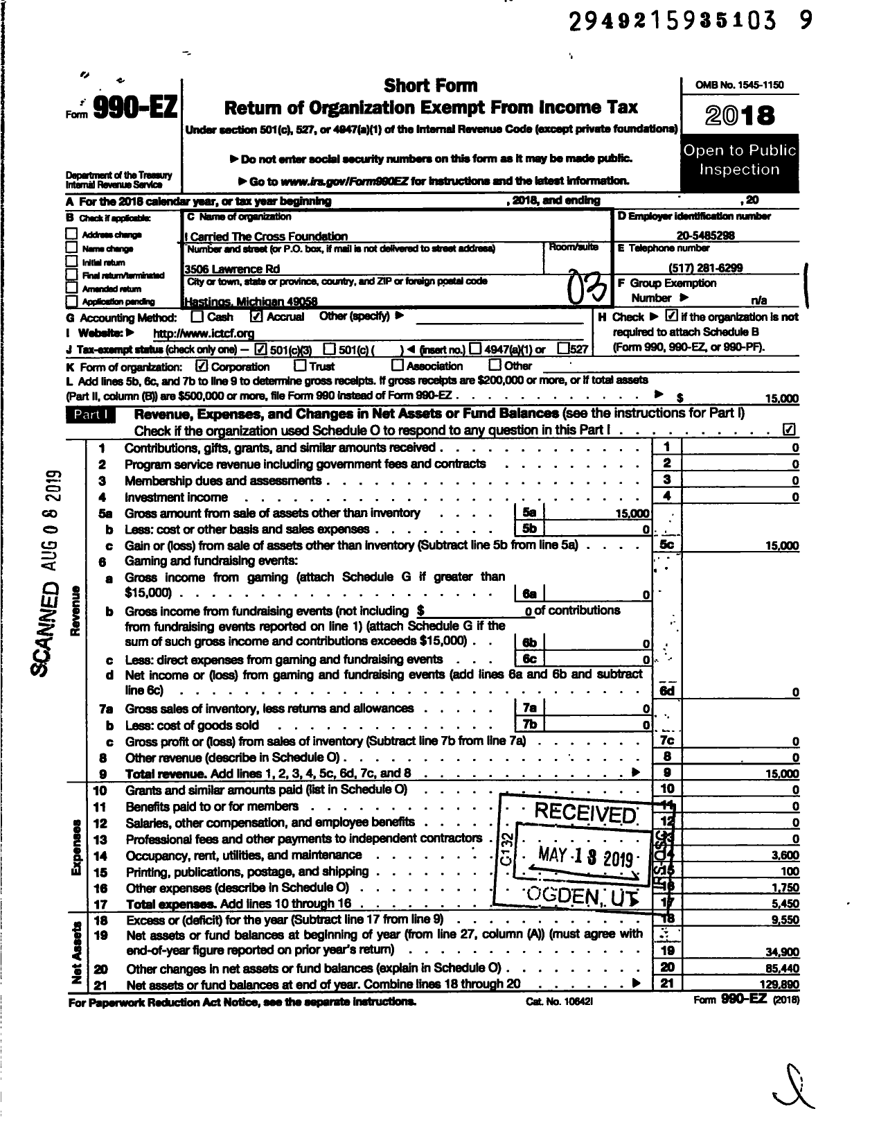 Image of first page of 2018 Form 990EZ for I Carried the Cross Foundation