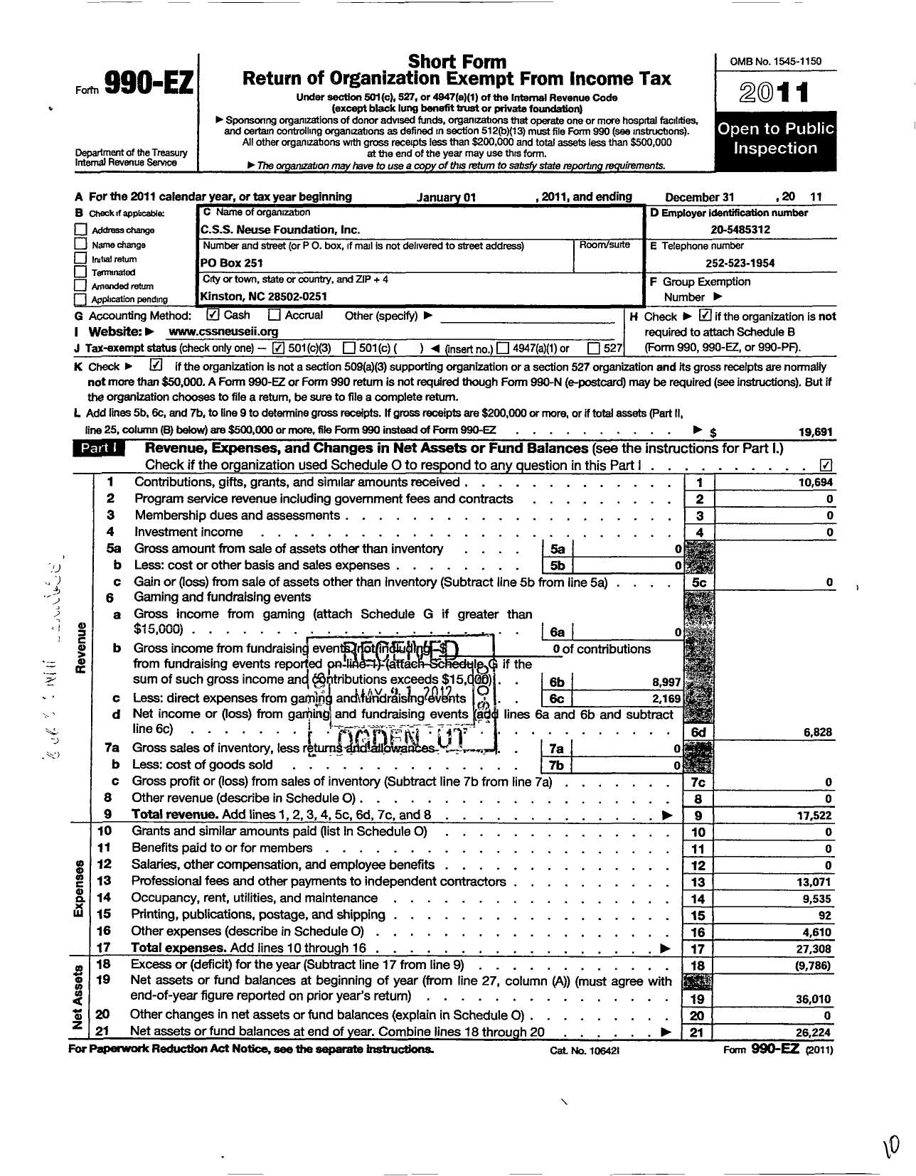 Image of first page of 2011 Form 990EZ for CSS Neuse Foundation