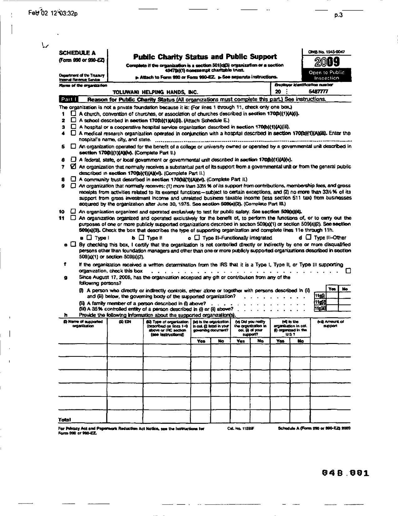 Image of first page of 2009 Form 990ER for Toluwani Helping Hands