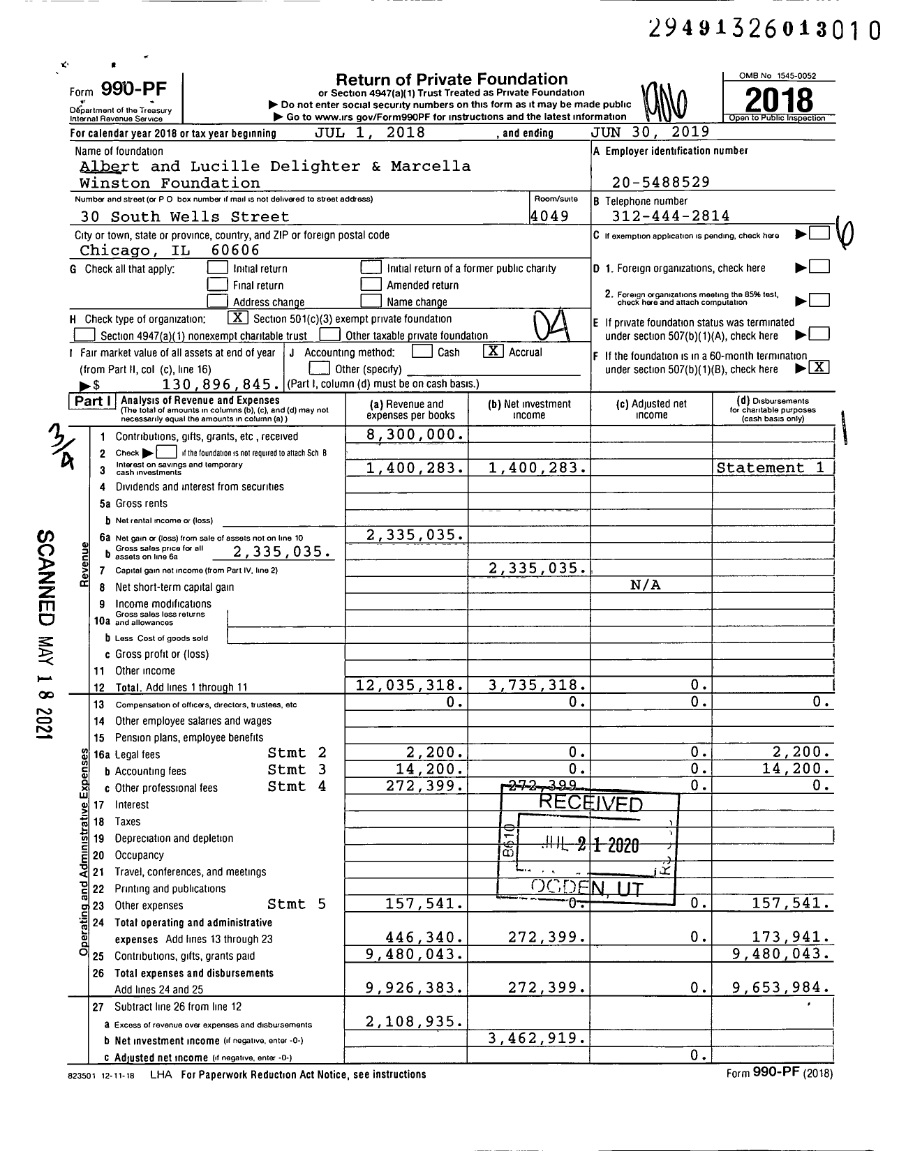 Image of first page of 2018 Form 990PF for Albert & Lucille Delighter & Marcella Winston Foundation