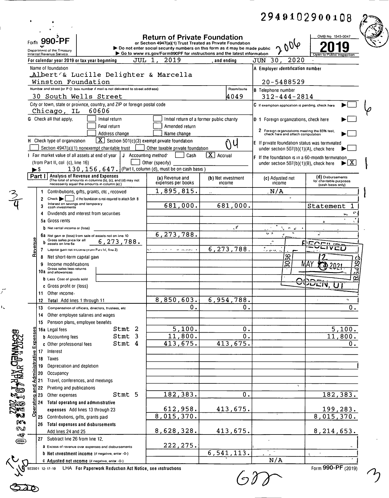 Image of first page of 2019 Form 990PF for Albert & Lucille Delighter & Marcella Winston Foundation