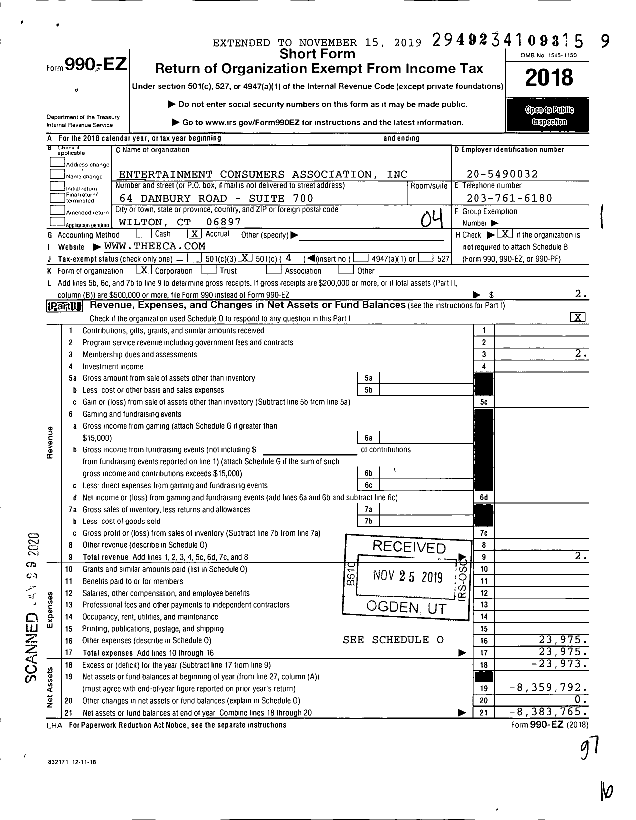 Image of first page of 2018 Form 990EO for Entertainment Consumers Association