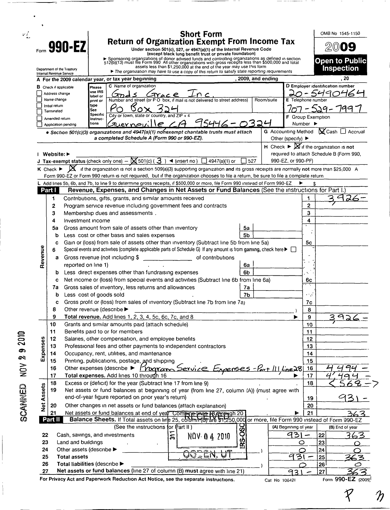 Image of first page of 2009 Form 990EZ for Gods Grace