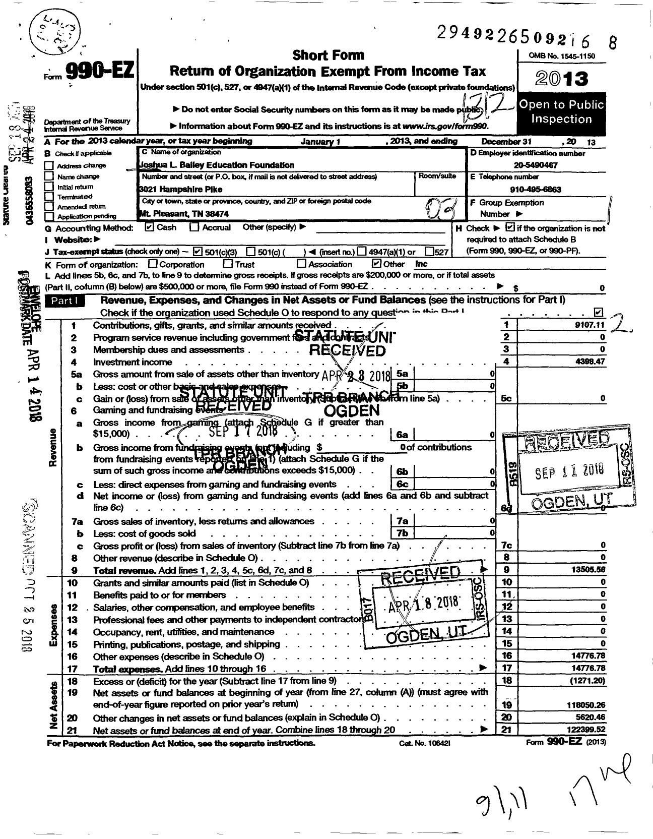 Image of first page of 2013 Form 990EZ for Joshua L Bailey Education Foundation