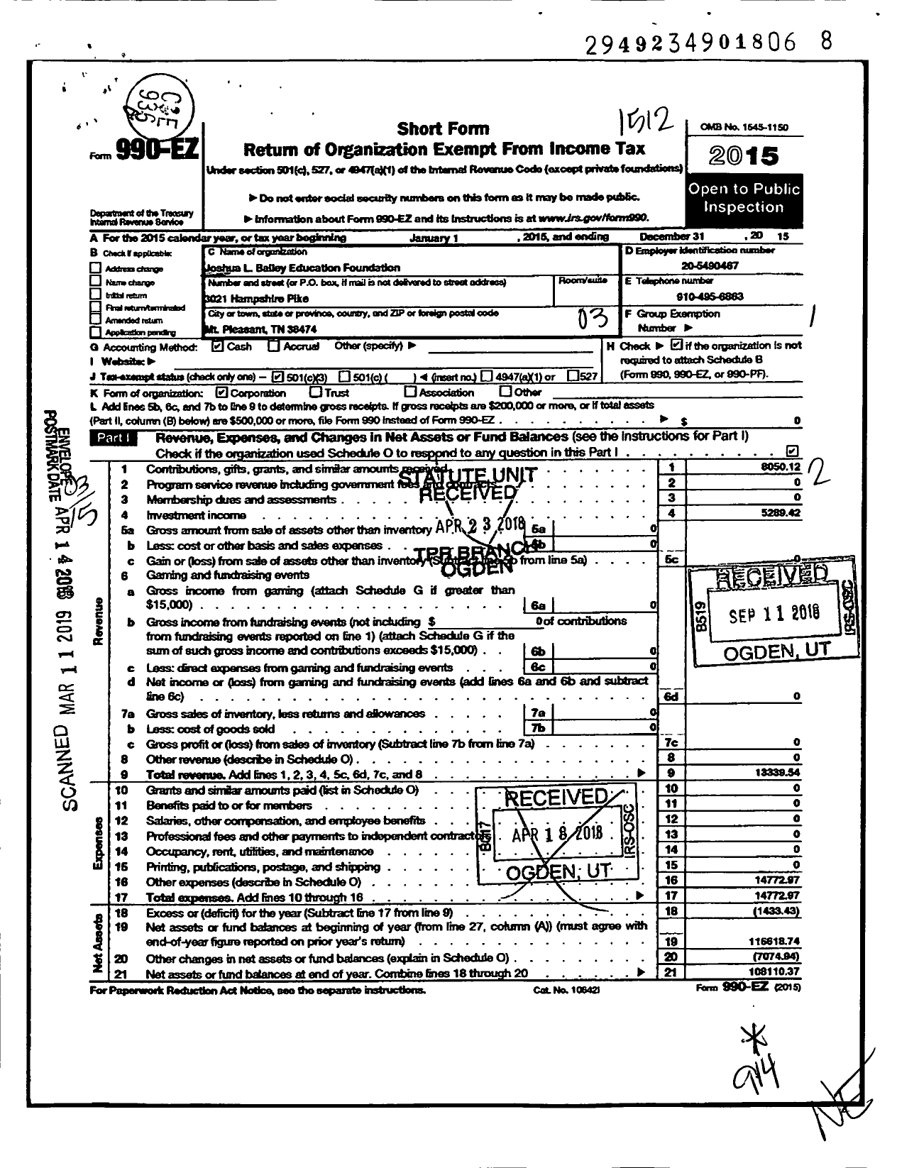 Image of first page of 2015 Form 990EZ for Joshua L Bailey Education Foundation