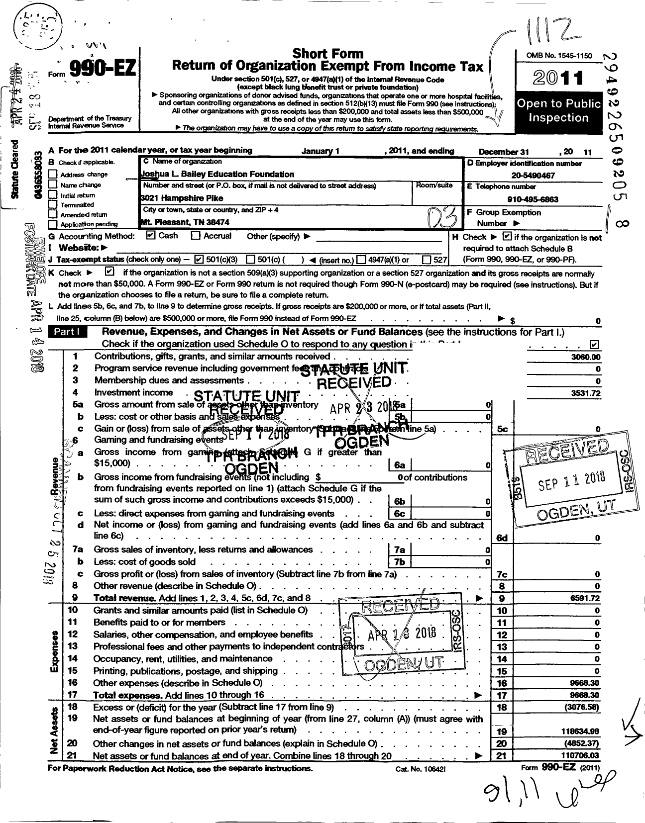 Image of first page of 2011 Form 990EZ for Joshua L Bailey Education Foundation