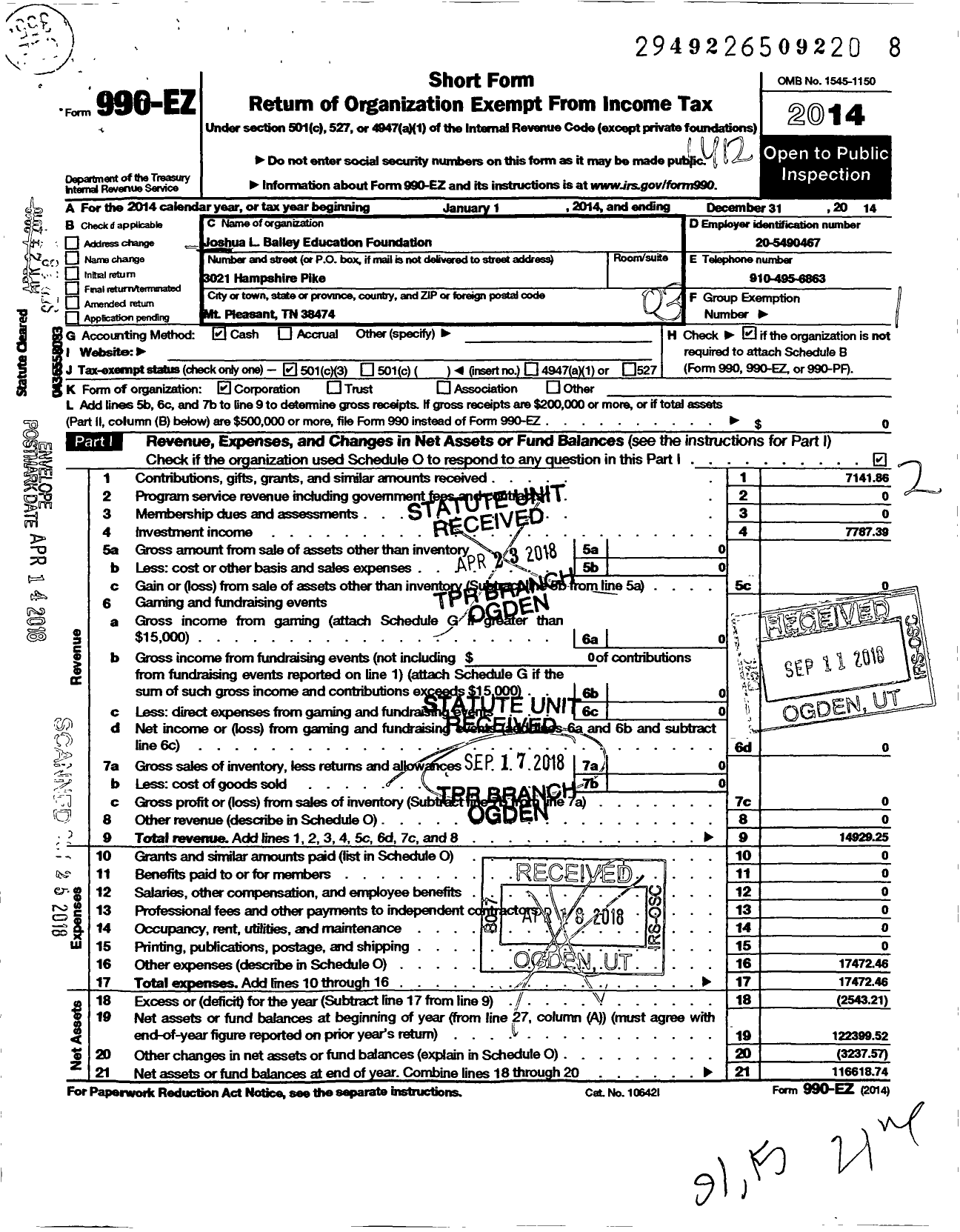 Image of first page of 2014 Form 990EZ for Joshua L Bailey Education Foundation