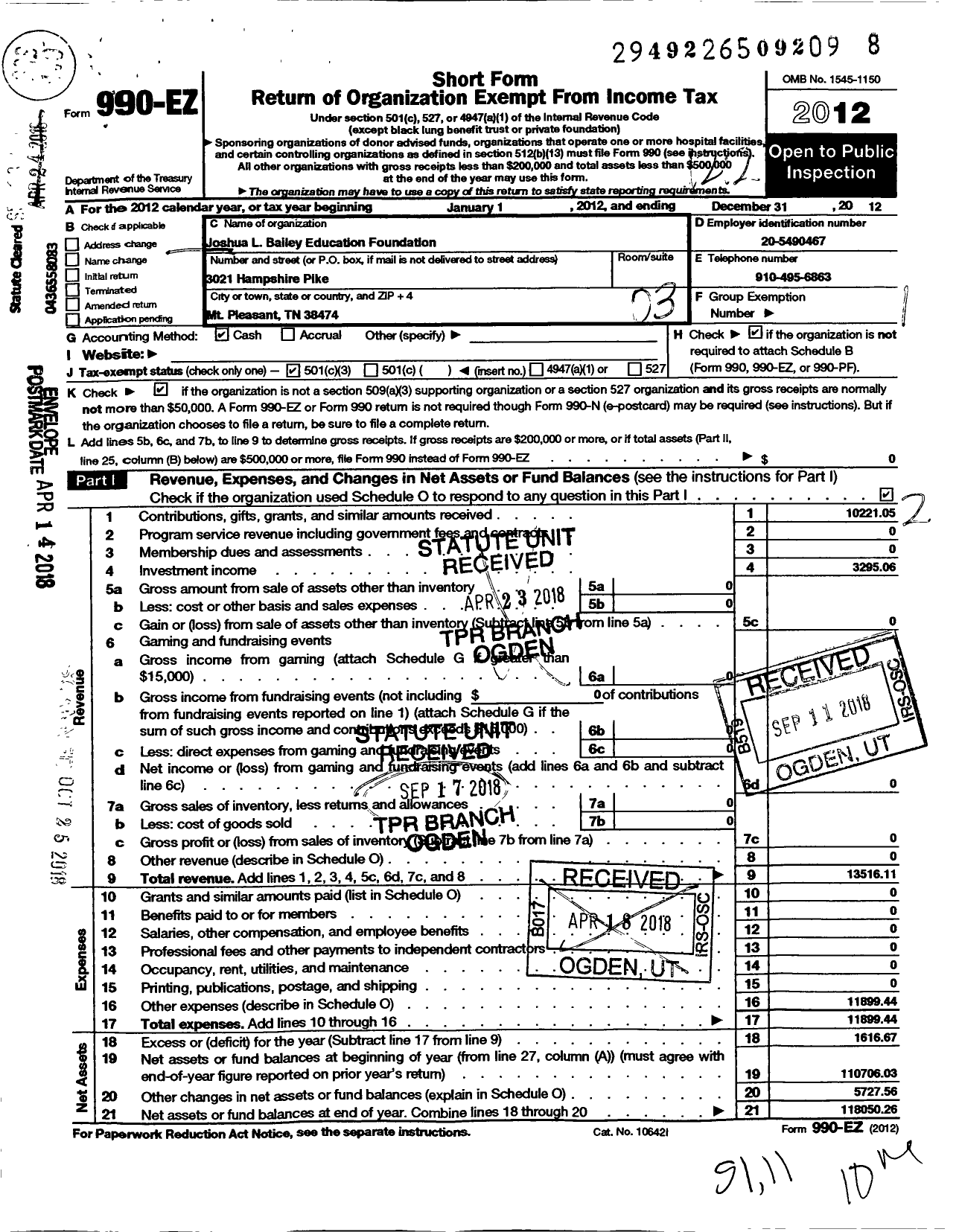 Image of first page of 2012 Form 990EZ for Joshua L Bailey Education Foundation