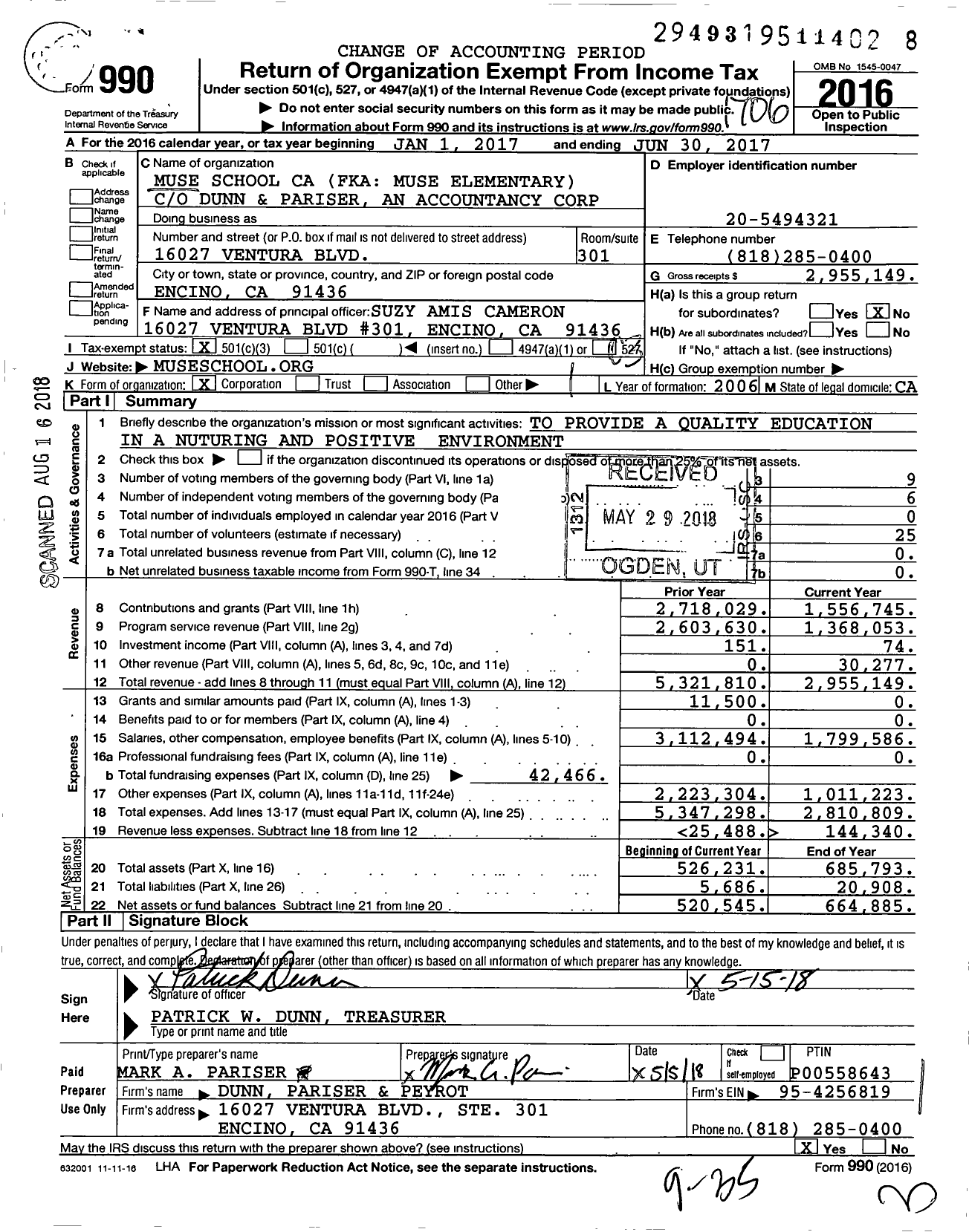 Image of first page of 2016 Form 990 for Muse School CA