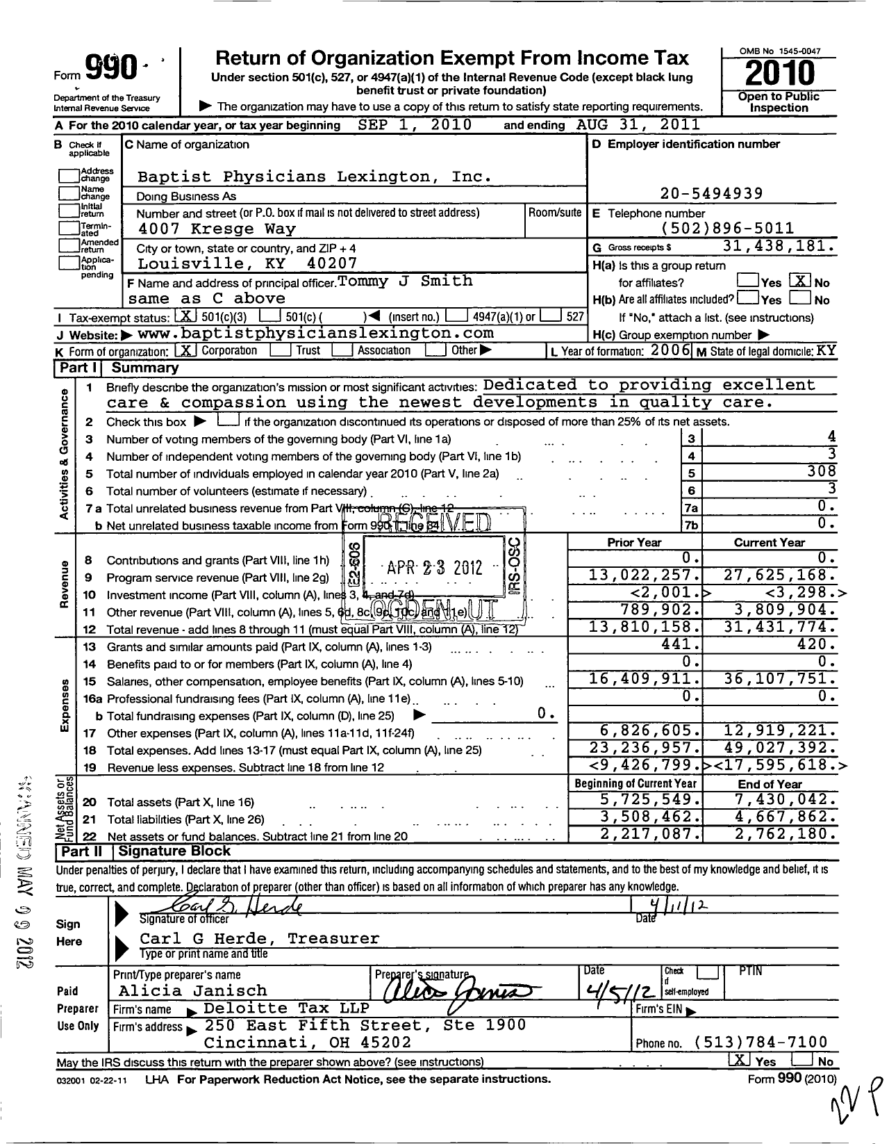 Image of first page of 2010 Form 990 for Baptist Physicians Lexington (BPL)