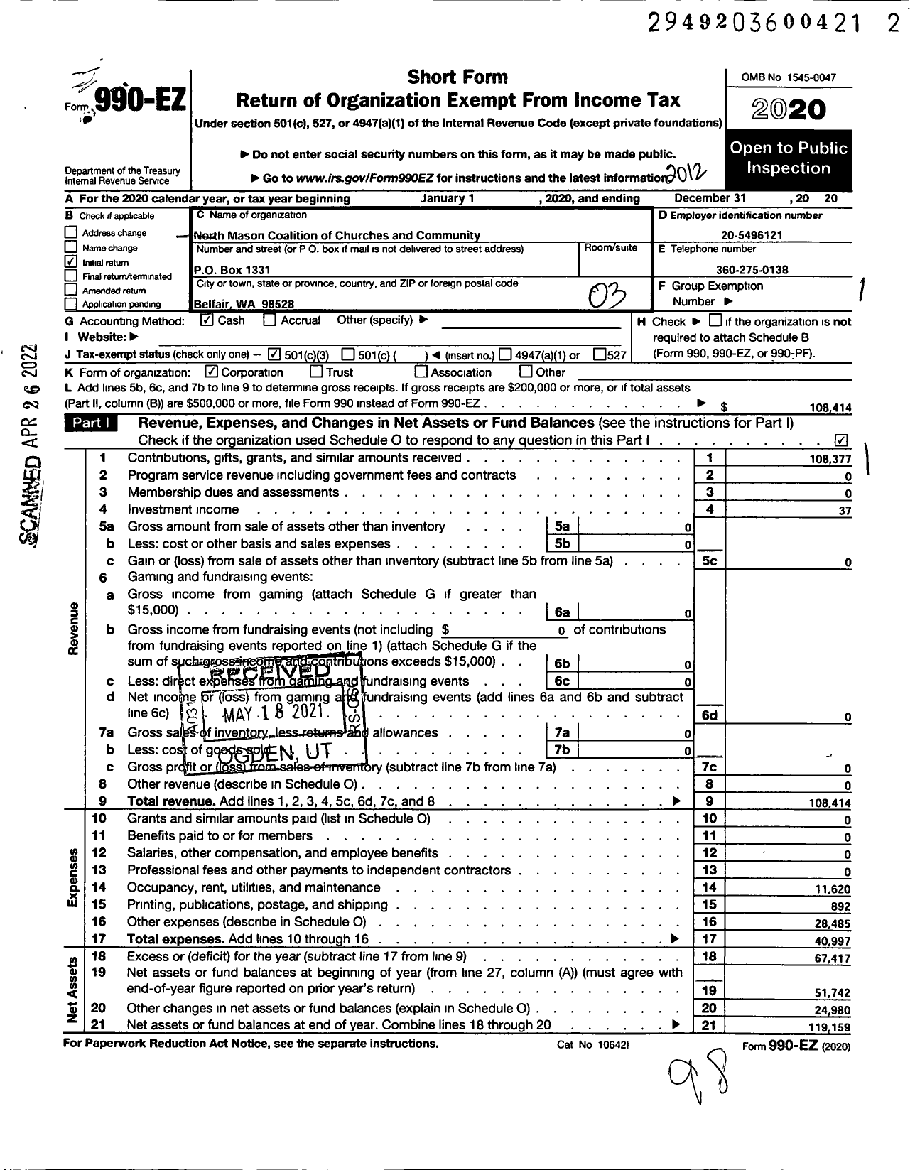 Image of first page of 2020 Form 990EZ for North Mason Coalition of Churches and Community