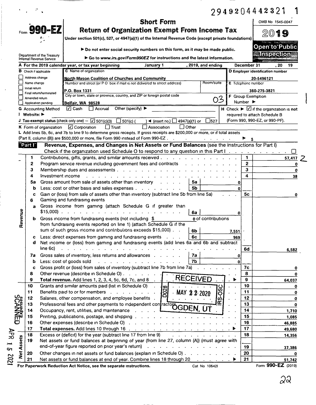 Image of first page of 2019 Form 990EZ for North Mason Coalition of Churches and Community