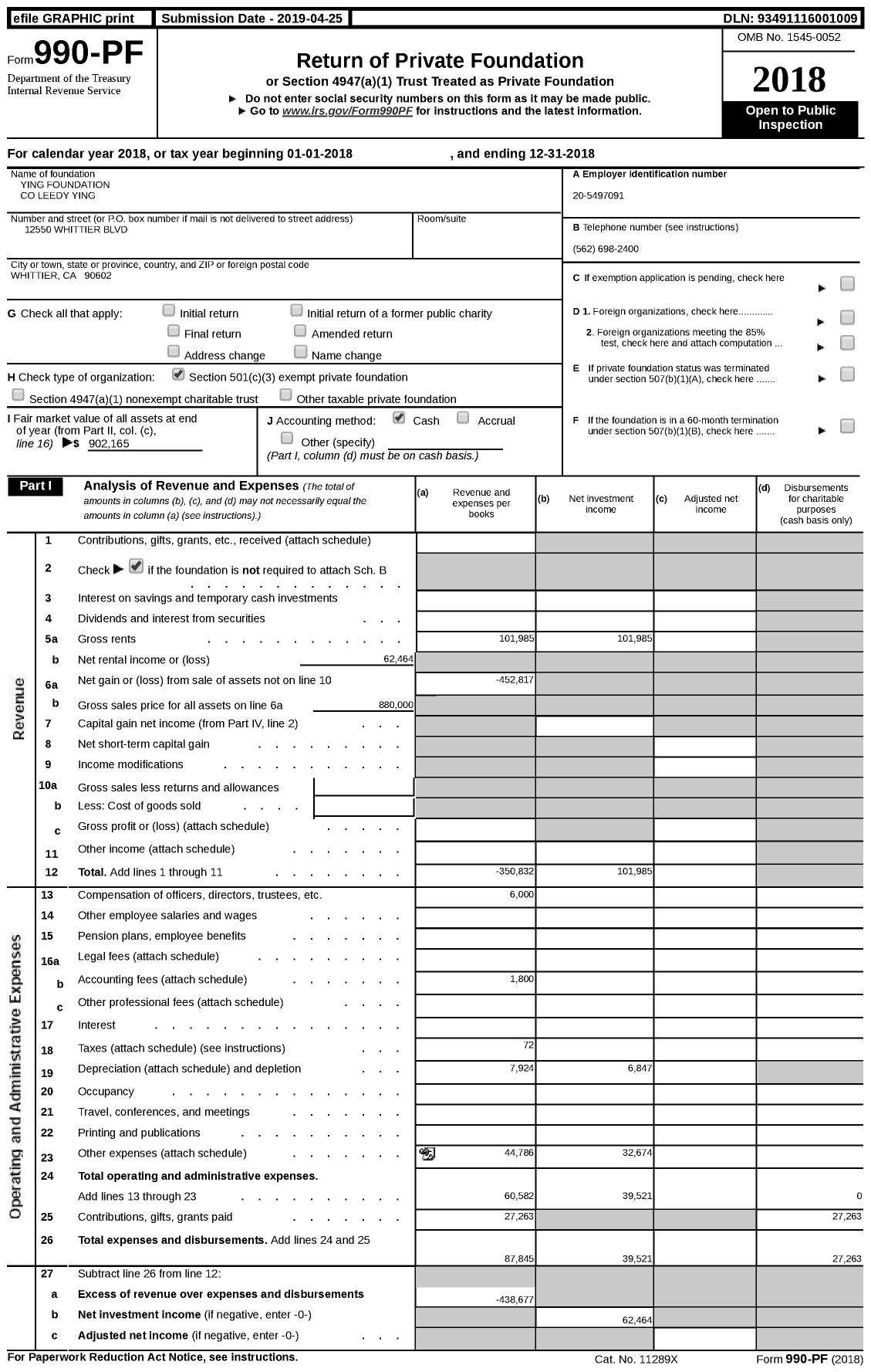 Image of first page of 2018 Form 990PF for Ying Foundation