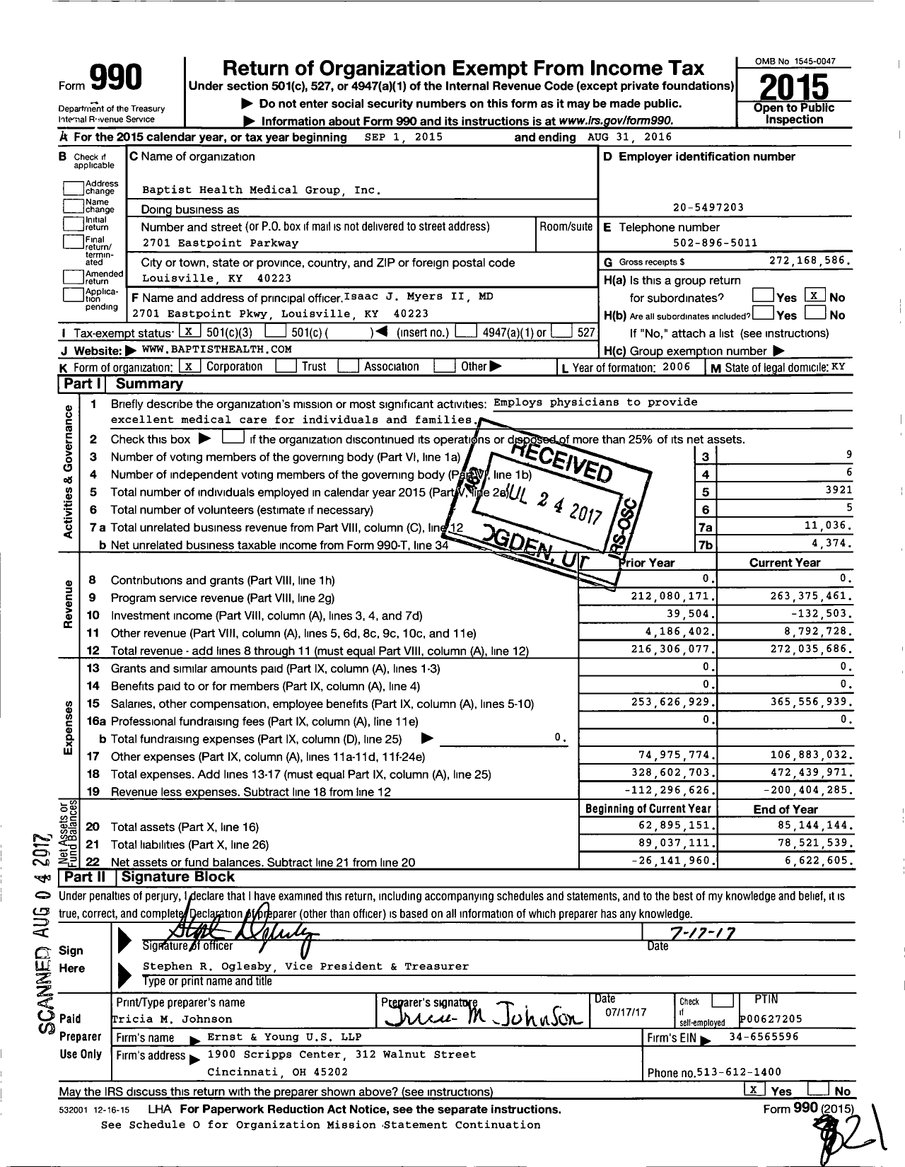 Image of first page of 2015 Form 990 for Baptist Health Medical Group