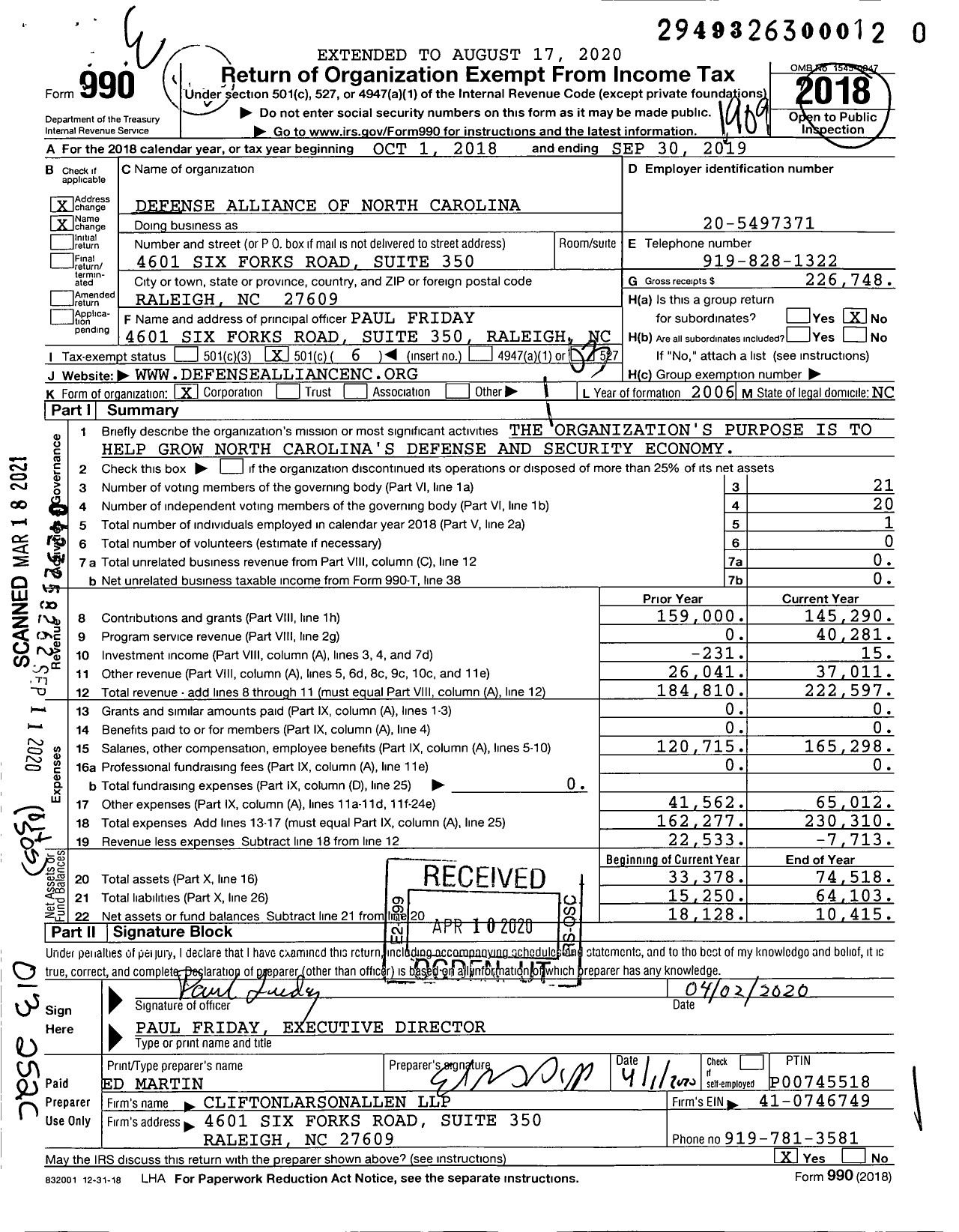Image of first page of 2018 Form 990 for Defense Alliance of North Carolina