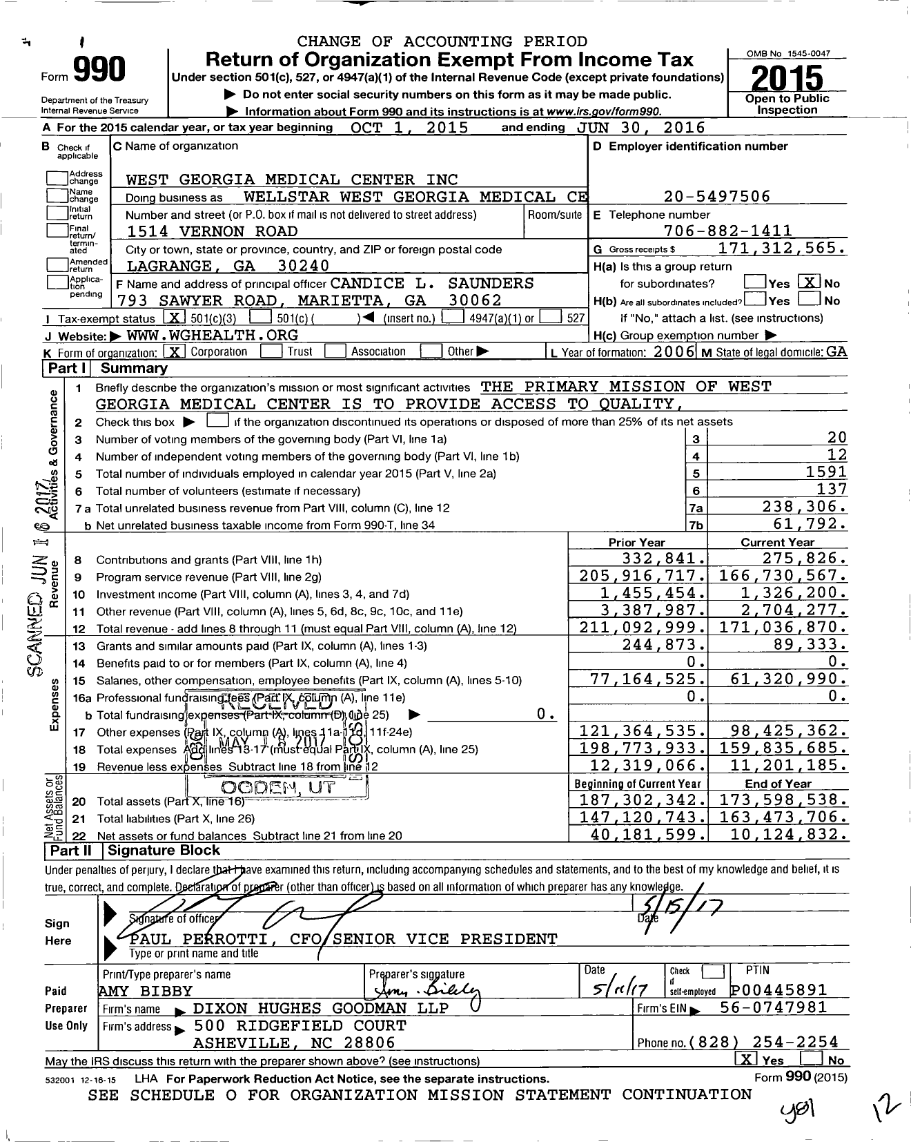 Image of first page of 2015 Form 990 for West Georgia Medical Center