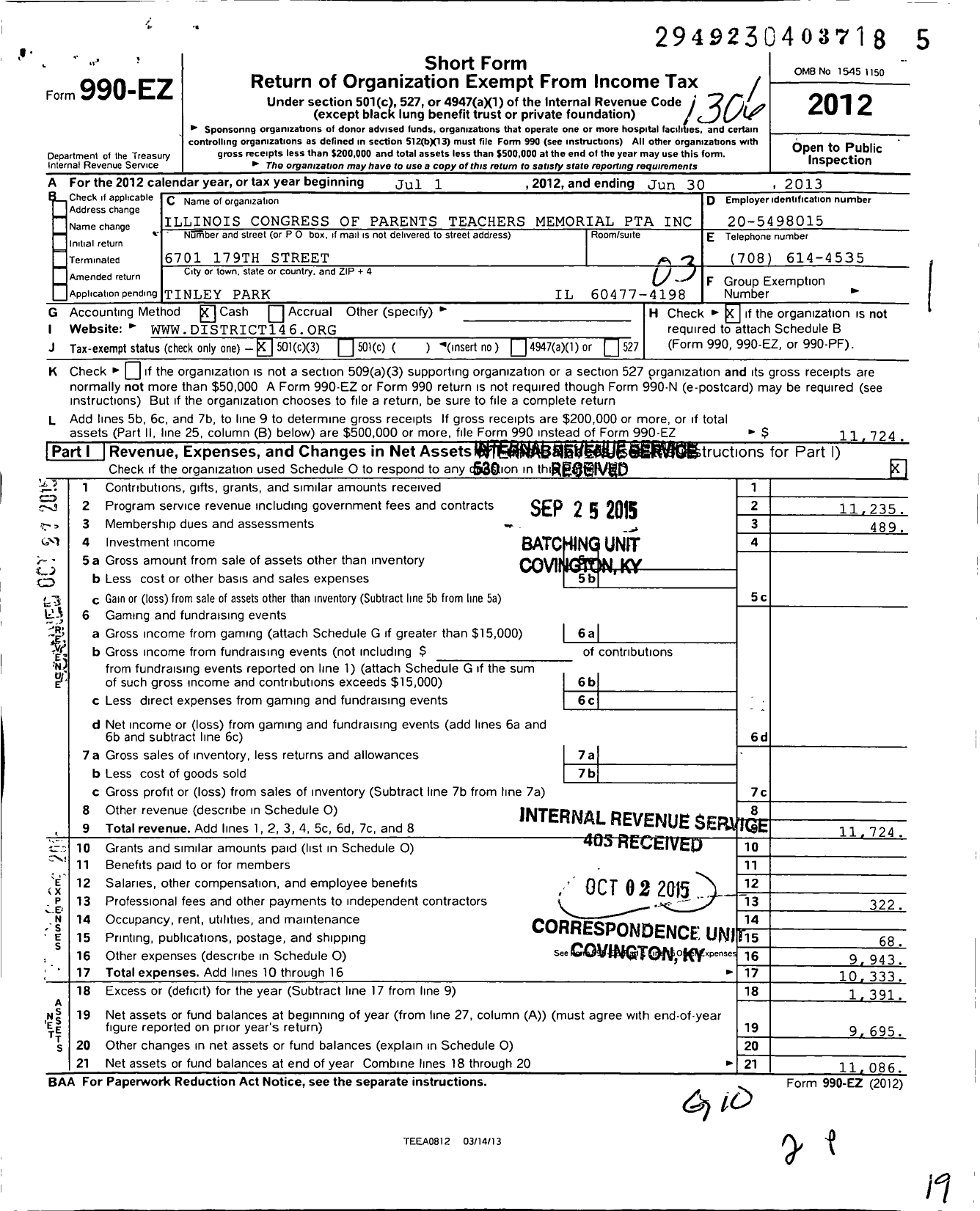 Image of first page of 2012 Form 990EZ for Illinois PTA - Memorial PTA