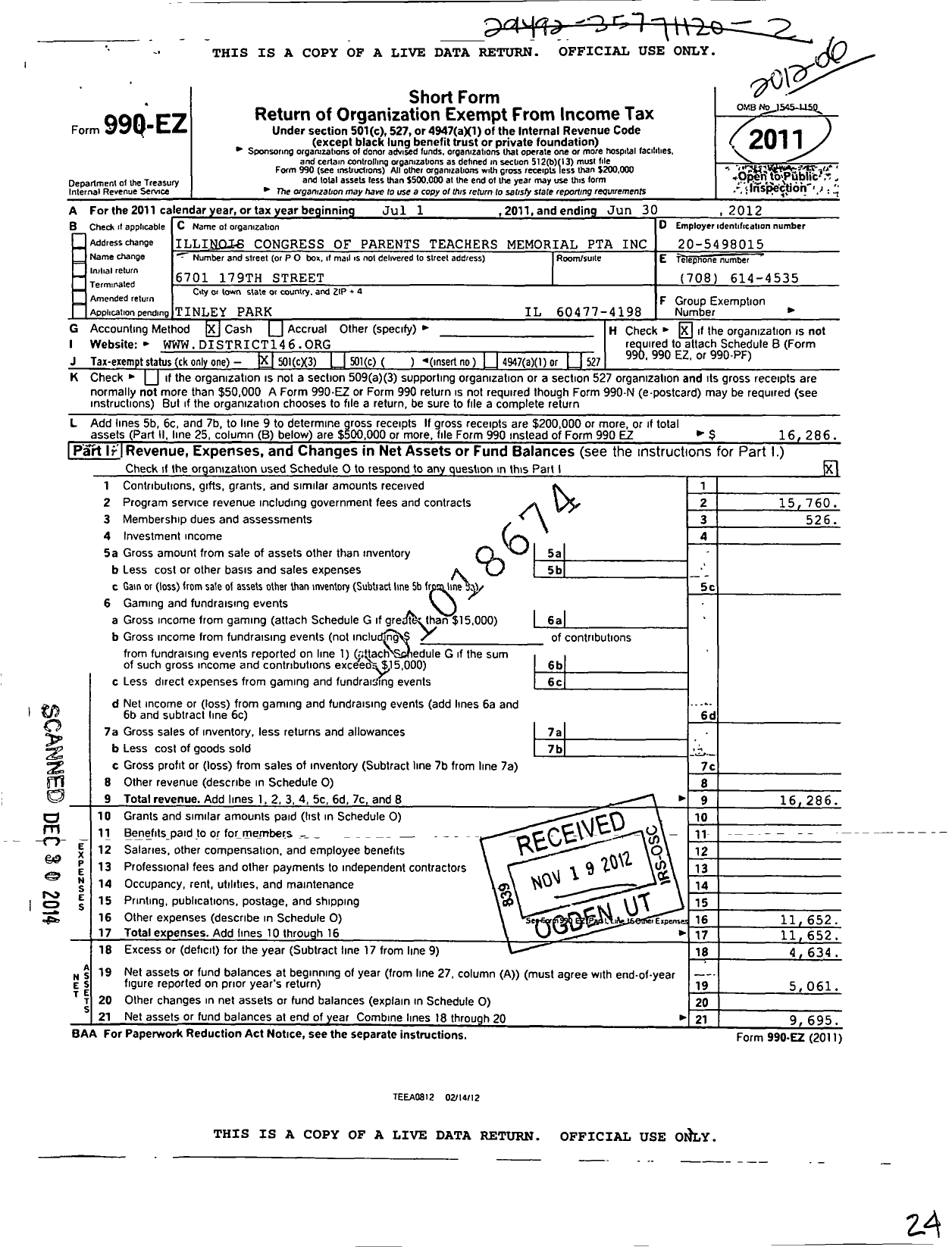 Image of first page of 2011 Form 990EZ for Illinois PTA - Memorial PTA