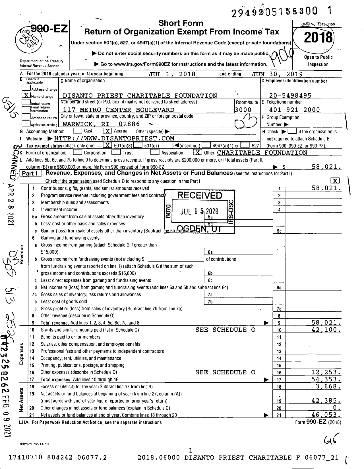 Image of first page of 2018 Form 990EZ for Disanto Priest Charitable Foundation