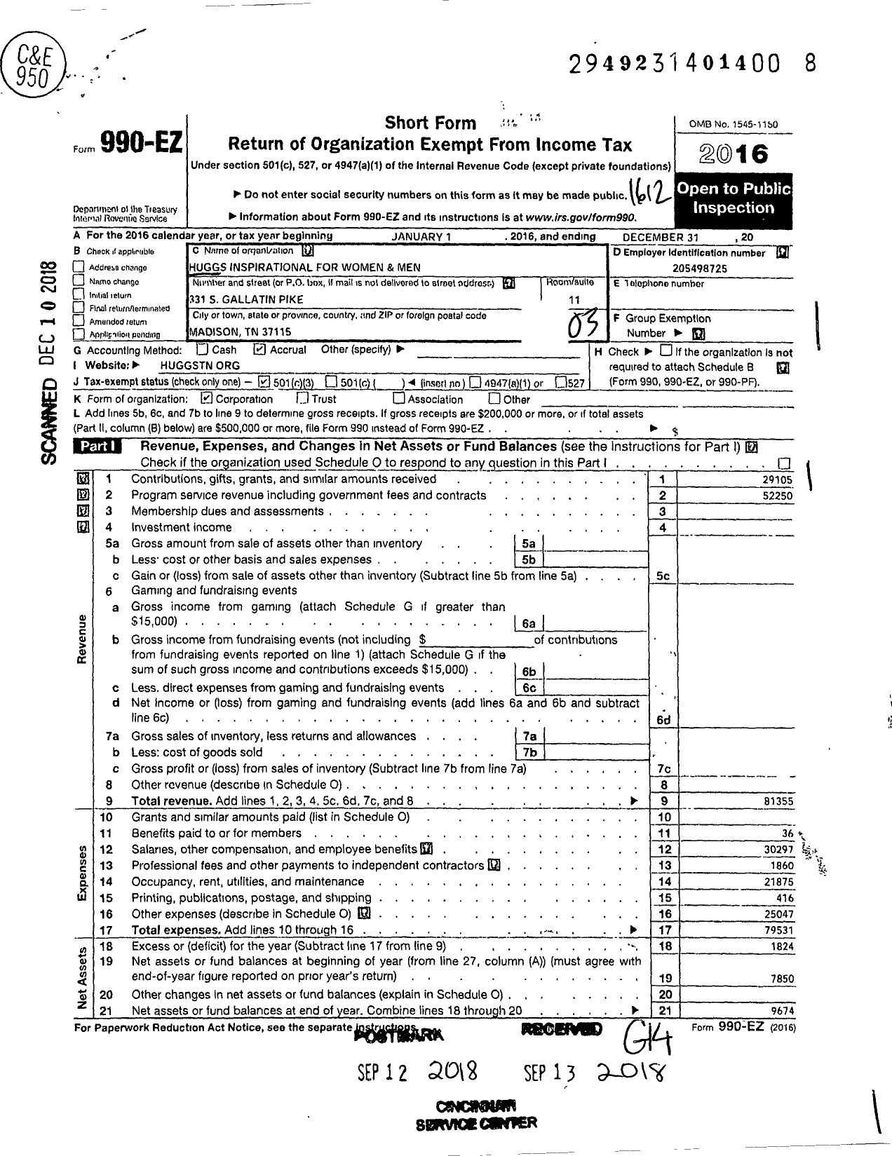 Image of first page of 2016 Form 990EZ for Huggs for Inspiritational Women and Men