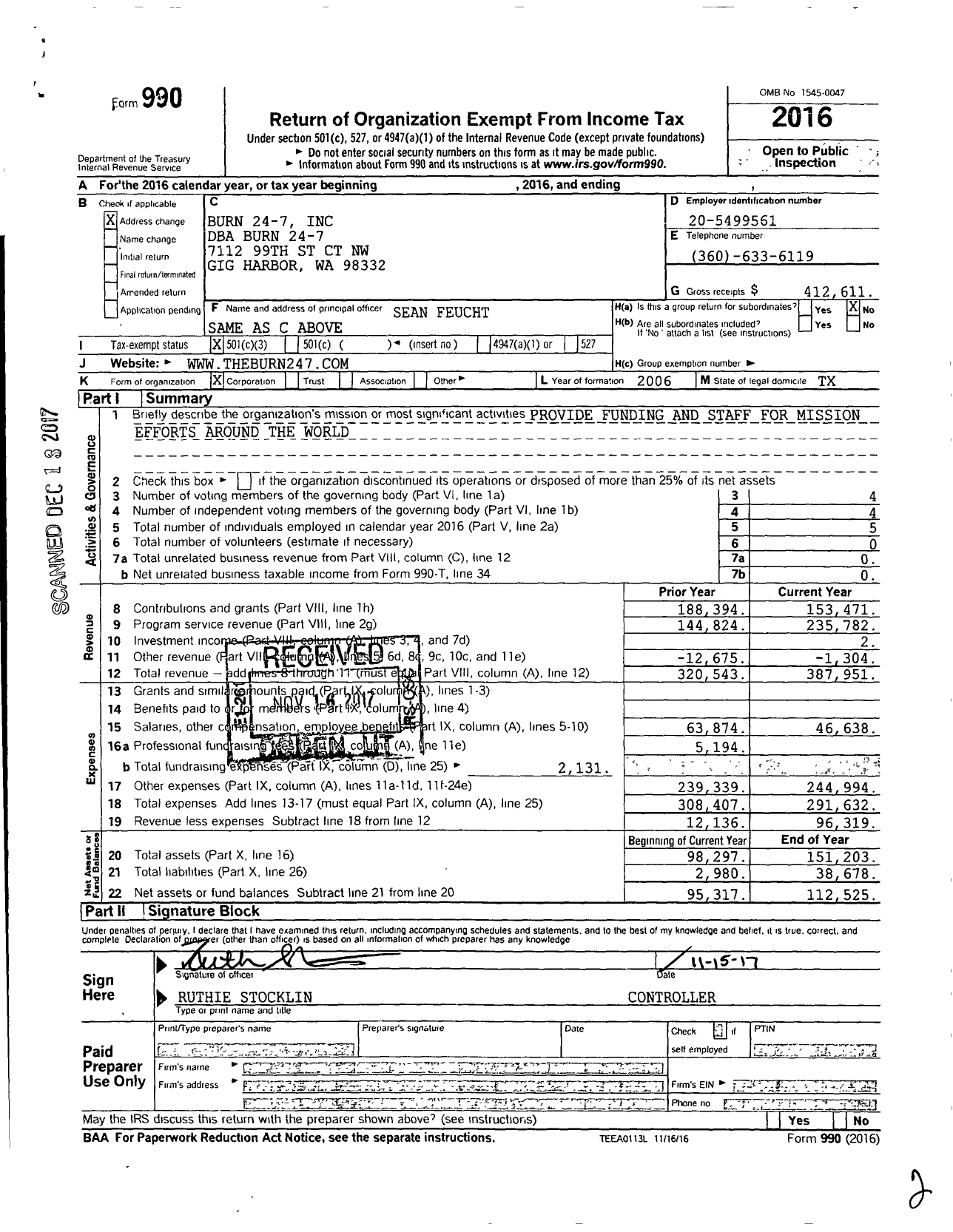 Image of first page of 2016 Form 990 for Burn 24-7