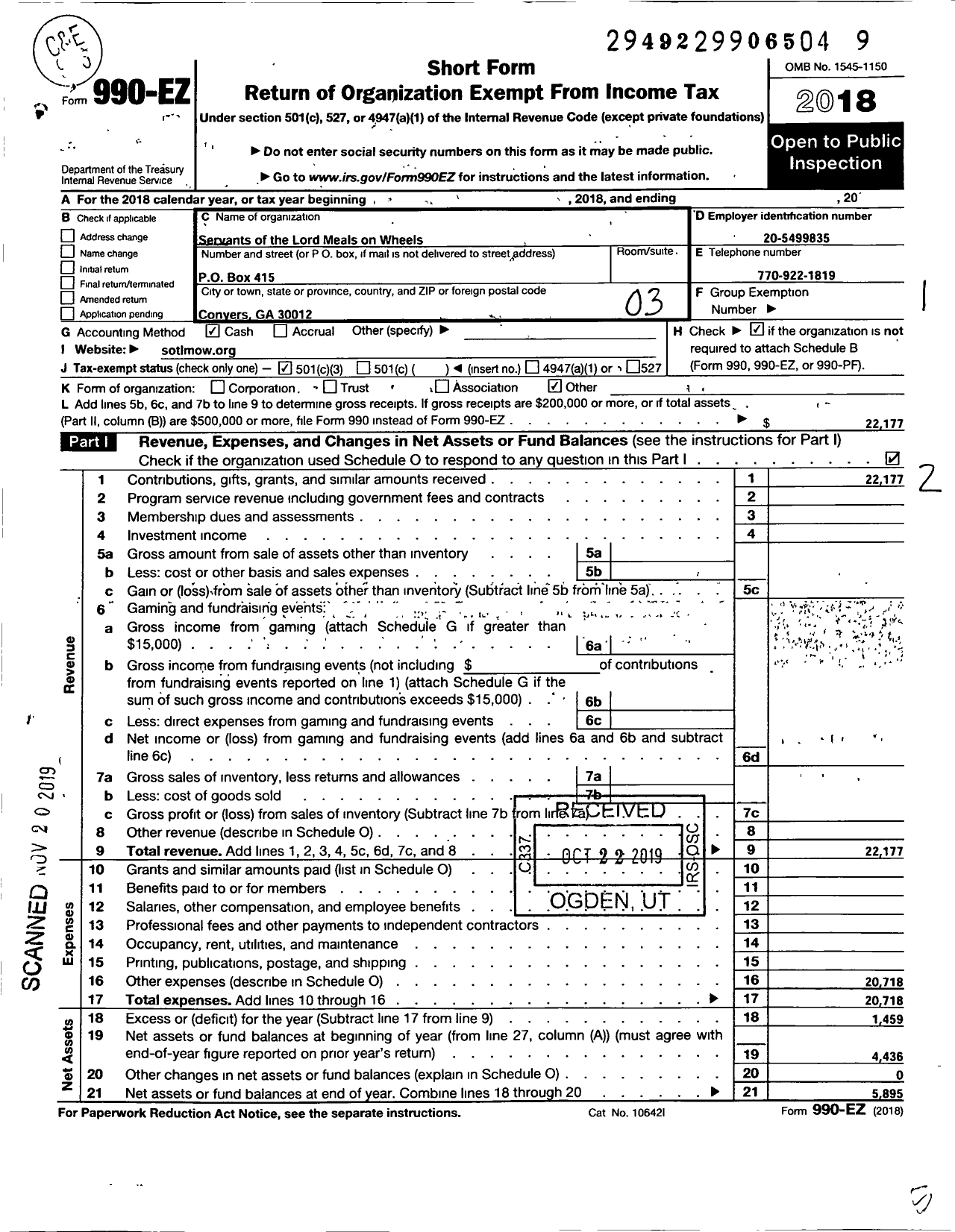 Image of first page of 2018 Form 990EZ for Servants of the Lord Meals on Wheels