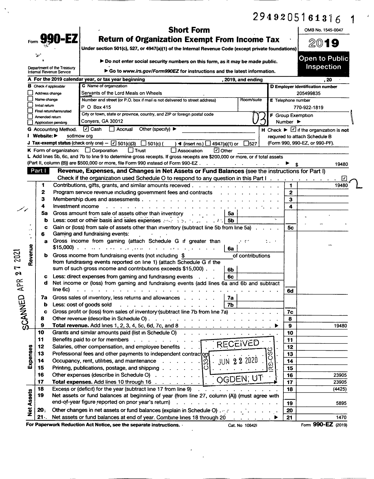 Image of first page of 2019 Form 990EZ for Servants of the Lord Meals on Wheels