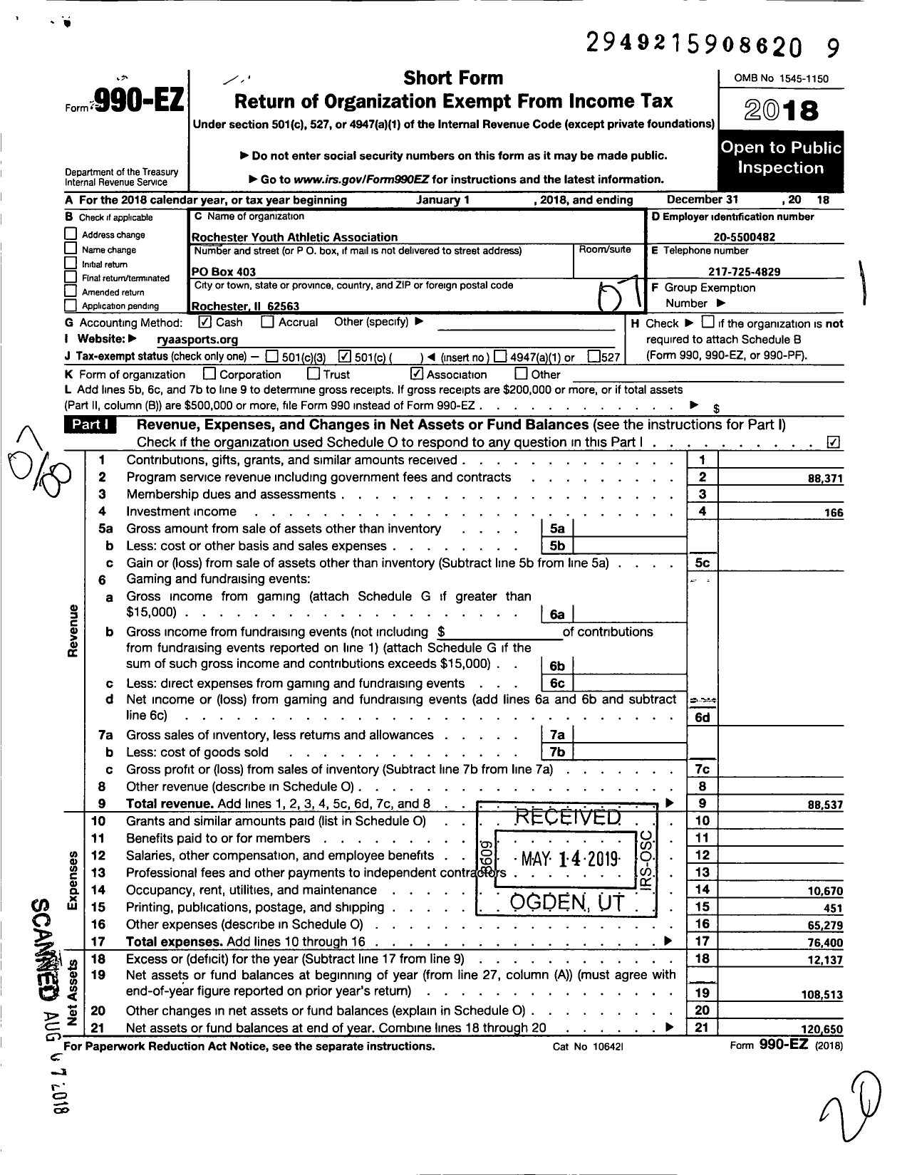 Image of first page of 2018 Form 990EO for Rochester Youth Athletic Association