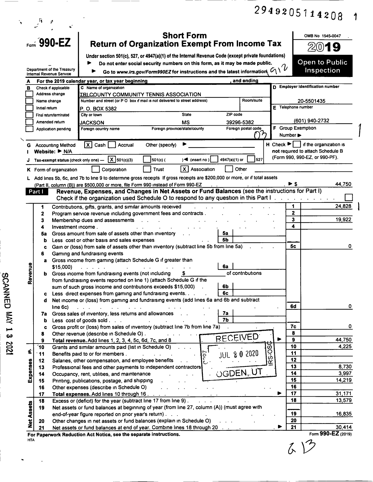 Image of first page of 2019 Form 990EZ for Tri County Community Tennis Association