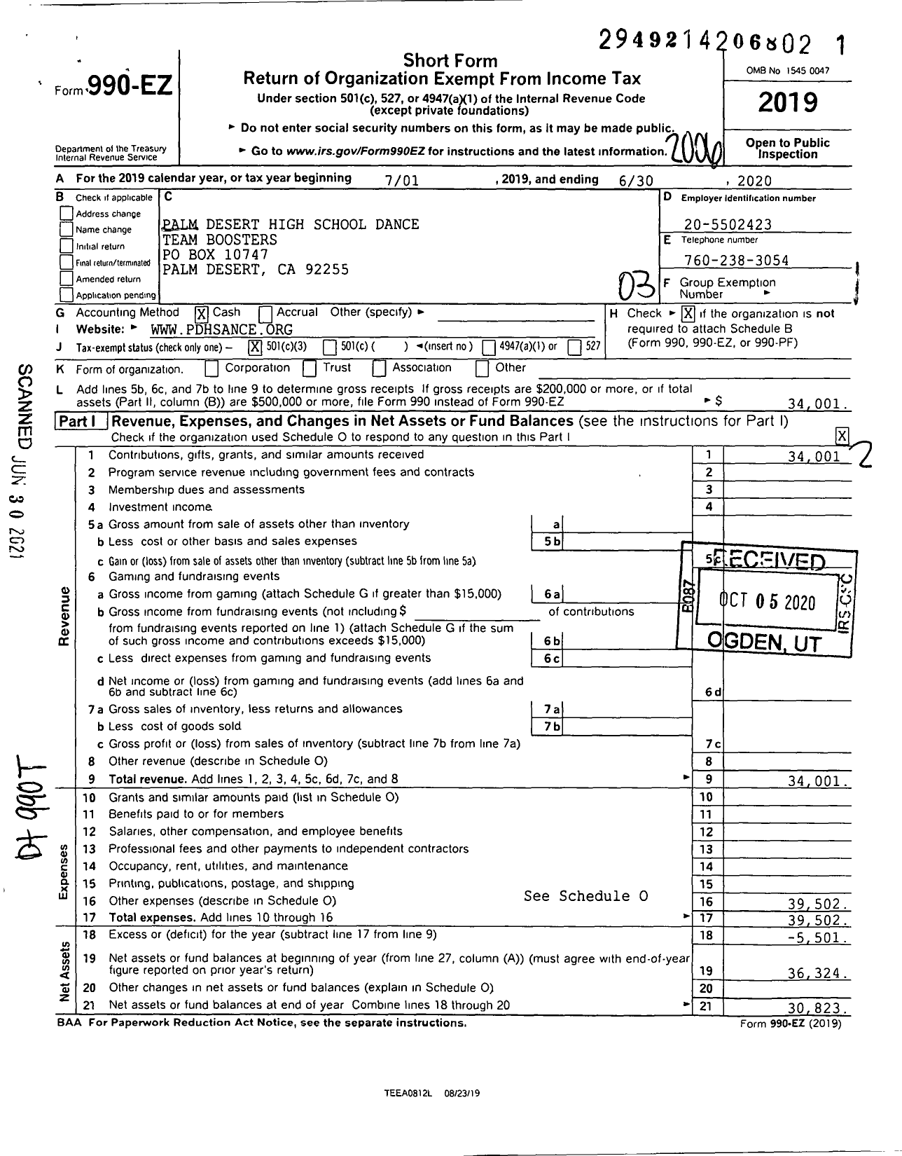 Image of first page of 2019 Form 990EZ for Palm Desert High School Dance Team Boosters