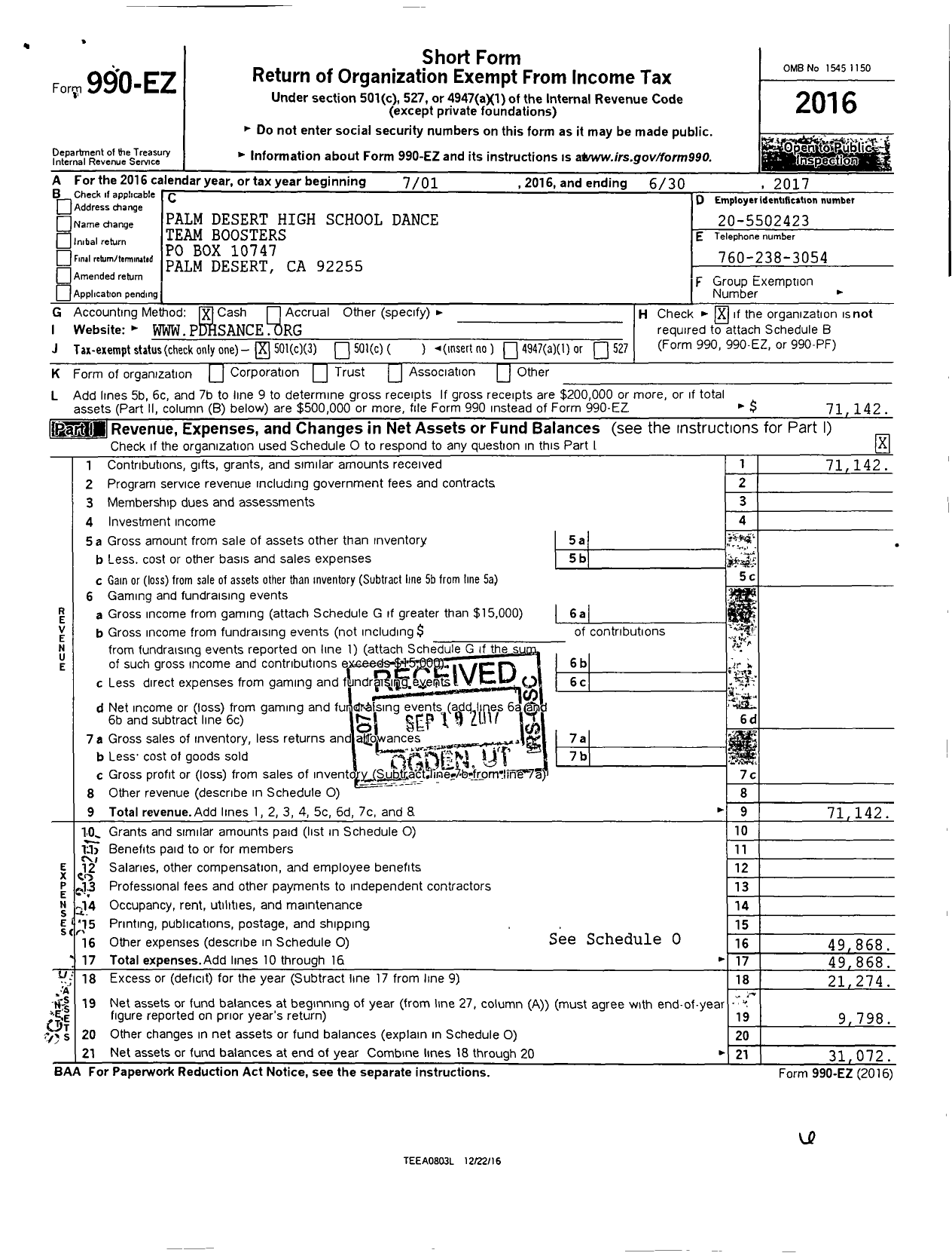 Image of first page of 2016 Form 990EZ for Palm Desert High School Dance Team Boosters