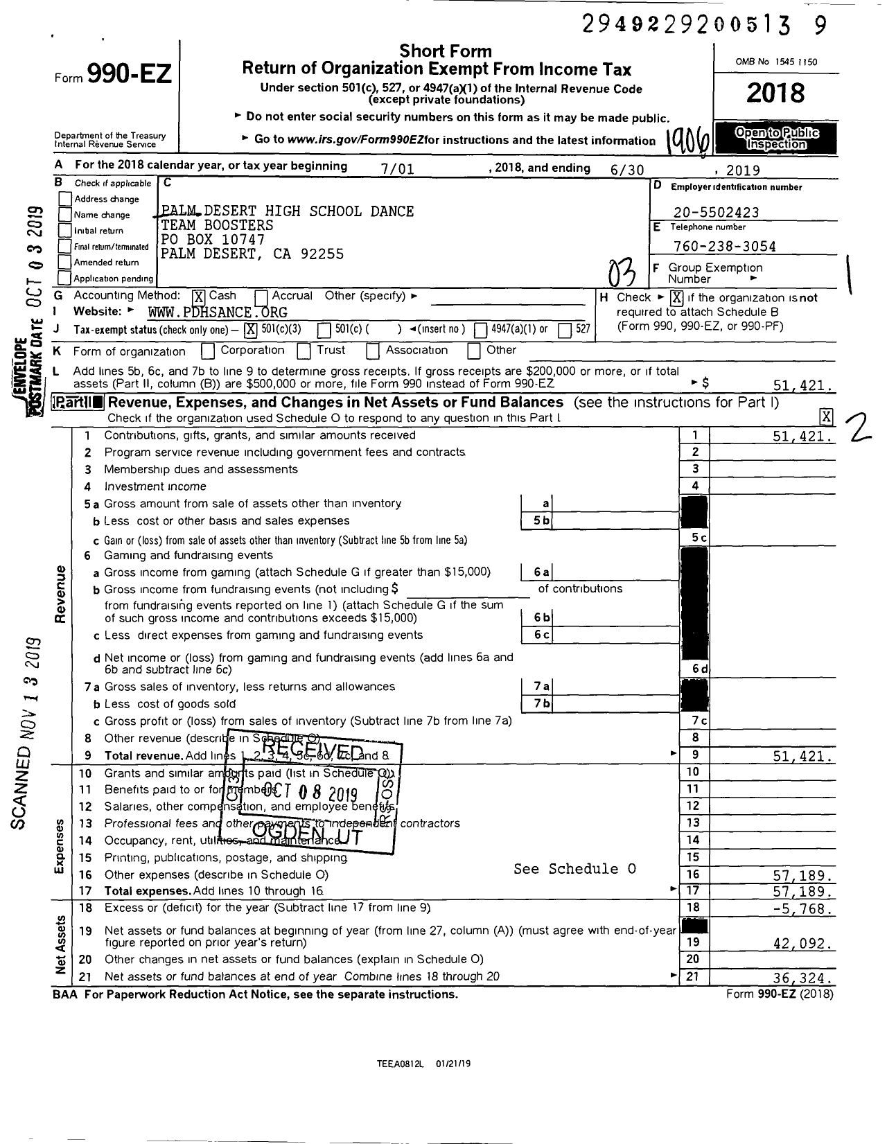 Image of first page of 2018 Form 990EZ for Palm Desert High School Dance Team Boosters