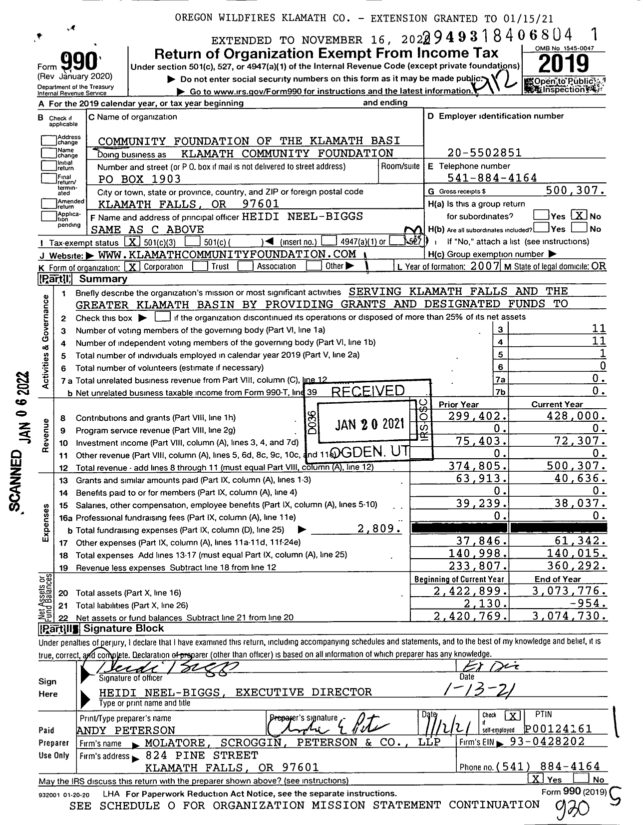 Image of first page of 2019 Form 990 for Klamath Community Foundation