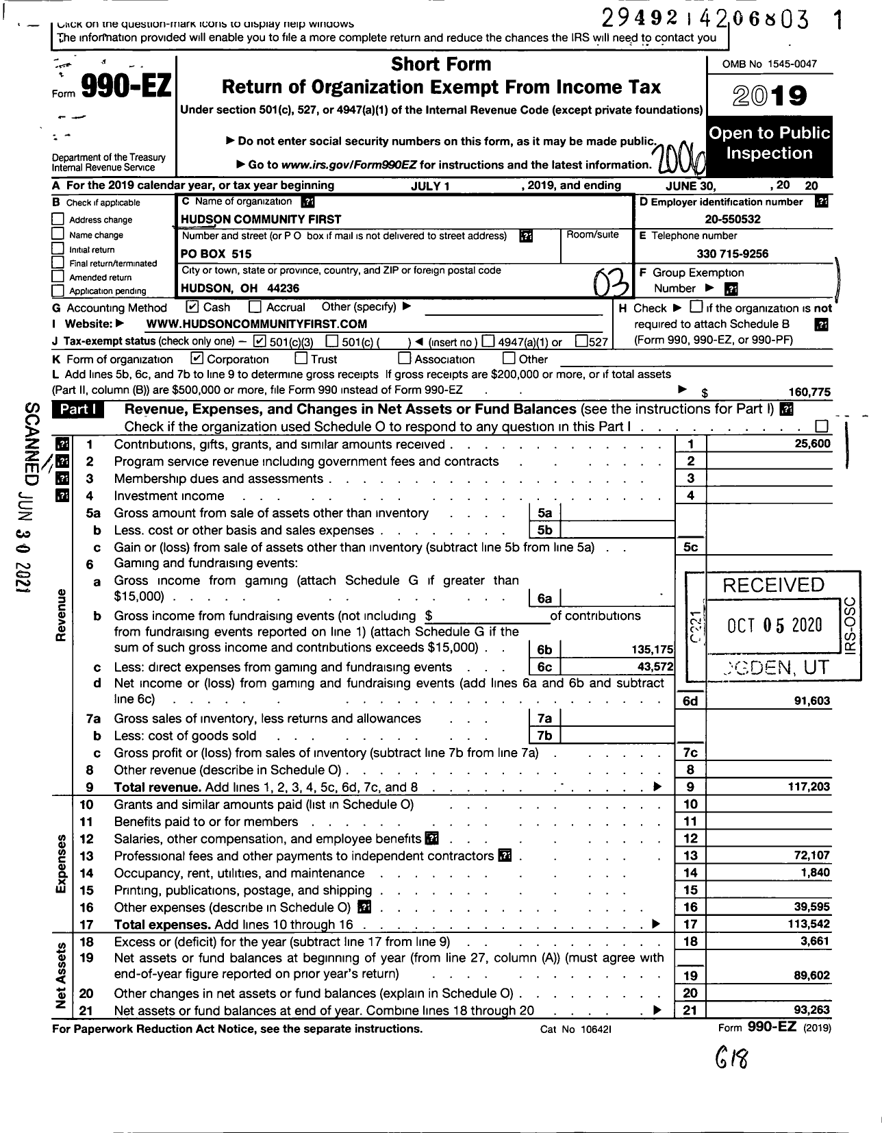 Image of first page of 2019 Form 990EZ for Hudson Community First