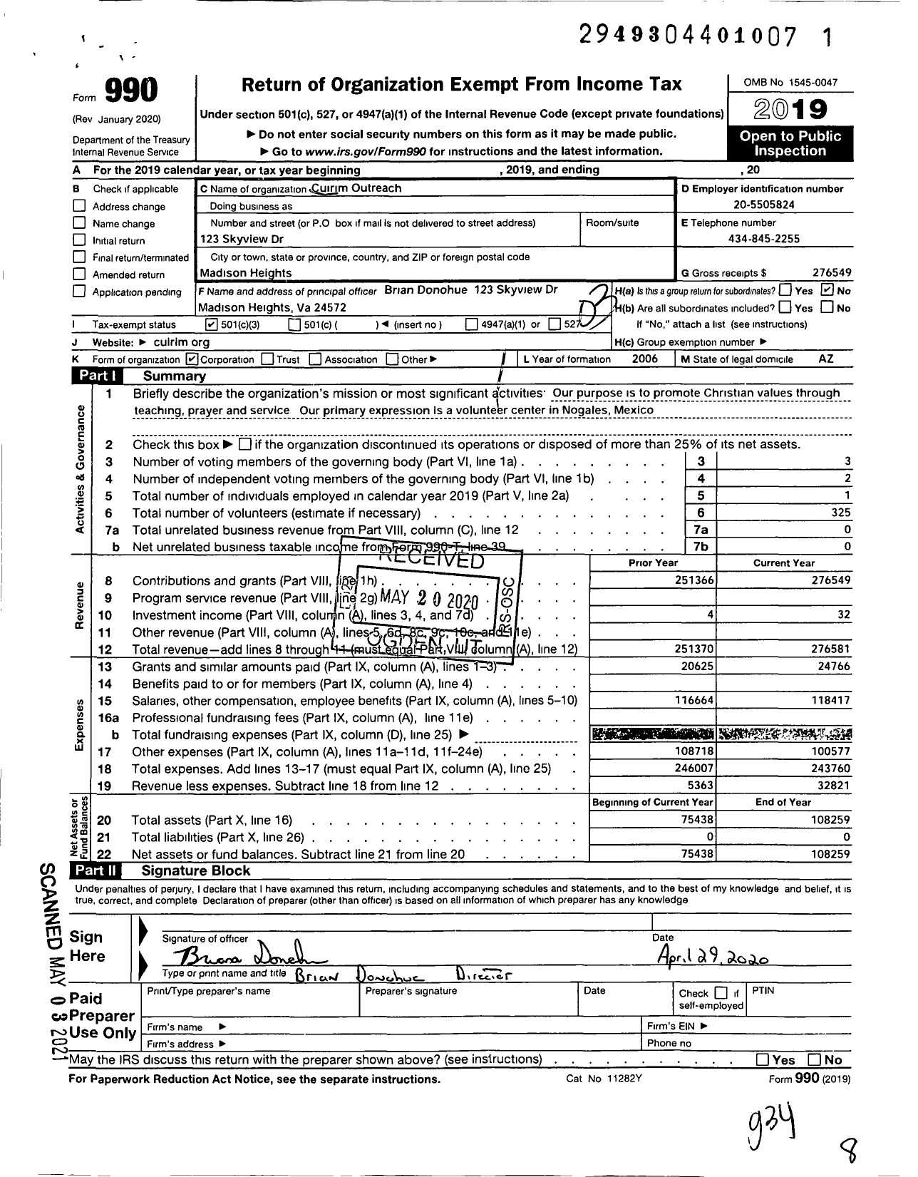 Image of first page of 2019 Form 990 for Cuirim Outreach