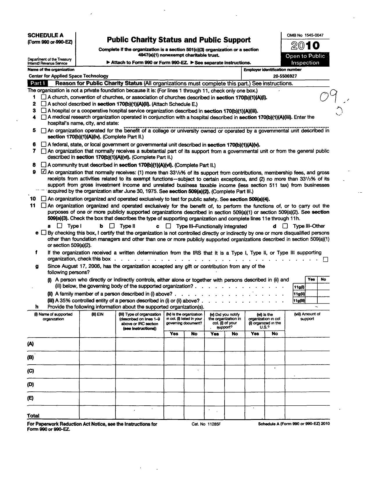 Image of first page of 2010 Form 990ER for Center for Applied Space Technology