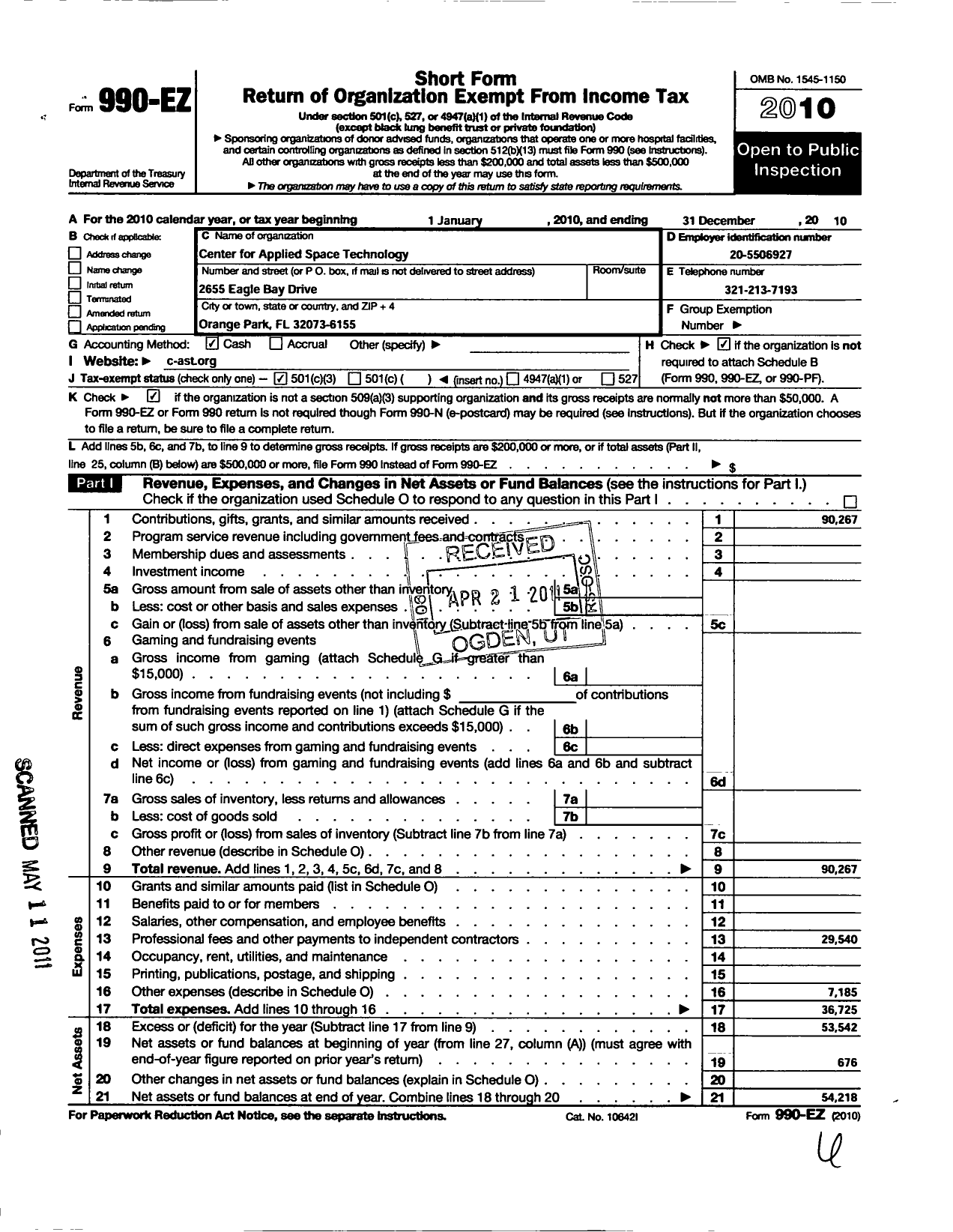 Image of first page of 2010 Form 990EZ for Center for Applied Space Technology